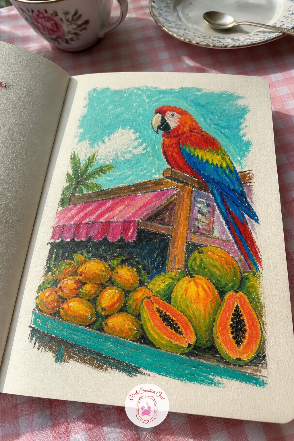 Parrot Perched Above A Fruit Stand — Vary this one once you have painted a toucan already: a bright parrot perched on a wooden post above a small roadside