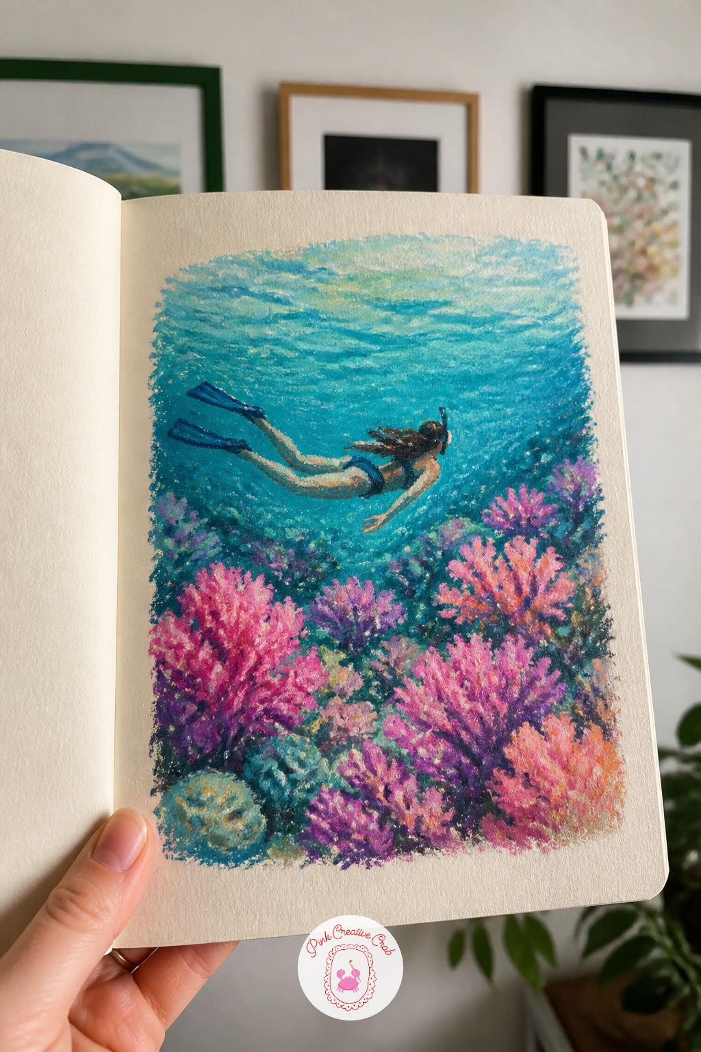 Snorkeler Floating Over A Coral Reef — Perspective matters most here, since you are looking down through water at a reef below a floating figure. Oil pastel