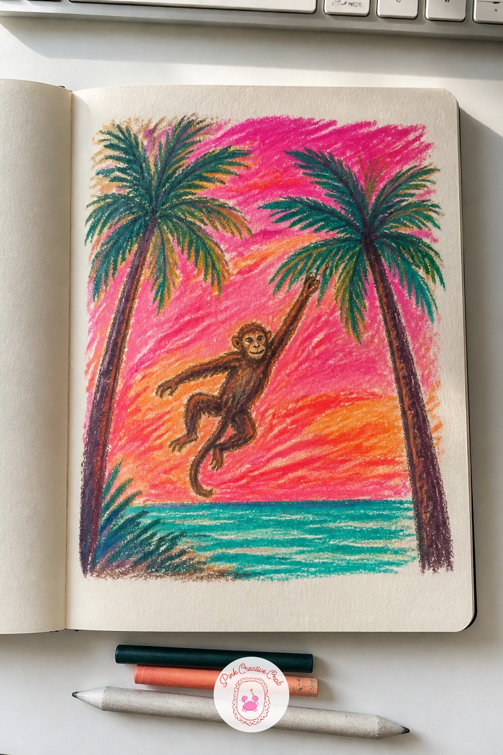 Monkey Swinging Between Palm Trees — Start the first three marks in order here: the two palm trunks angled toward each other, then a single curved branch