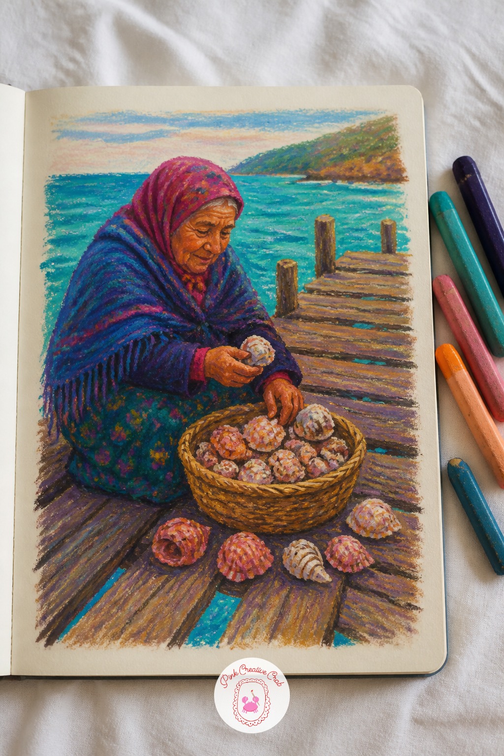 Old Woman Selling Shells On A Pier — This quiet scene pairs nicely with the busier fruit stand idea from earlier if you want a full set of island market