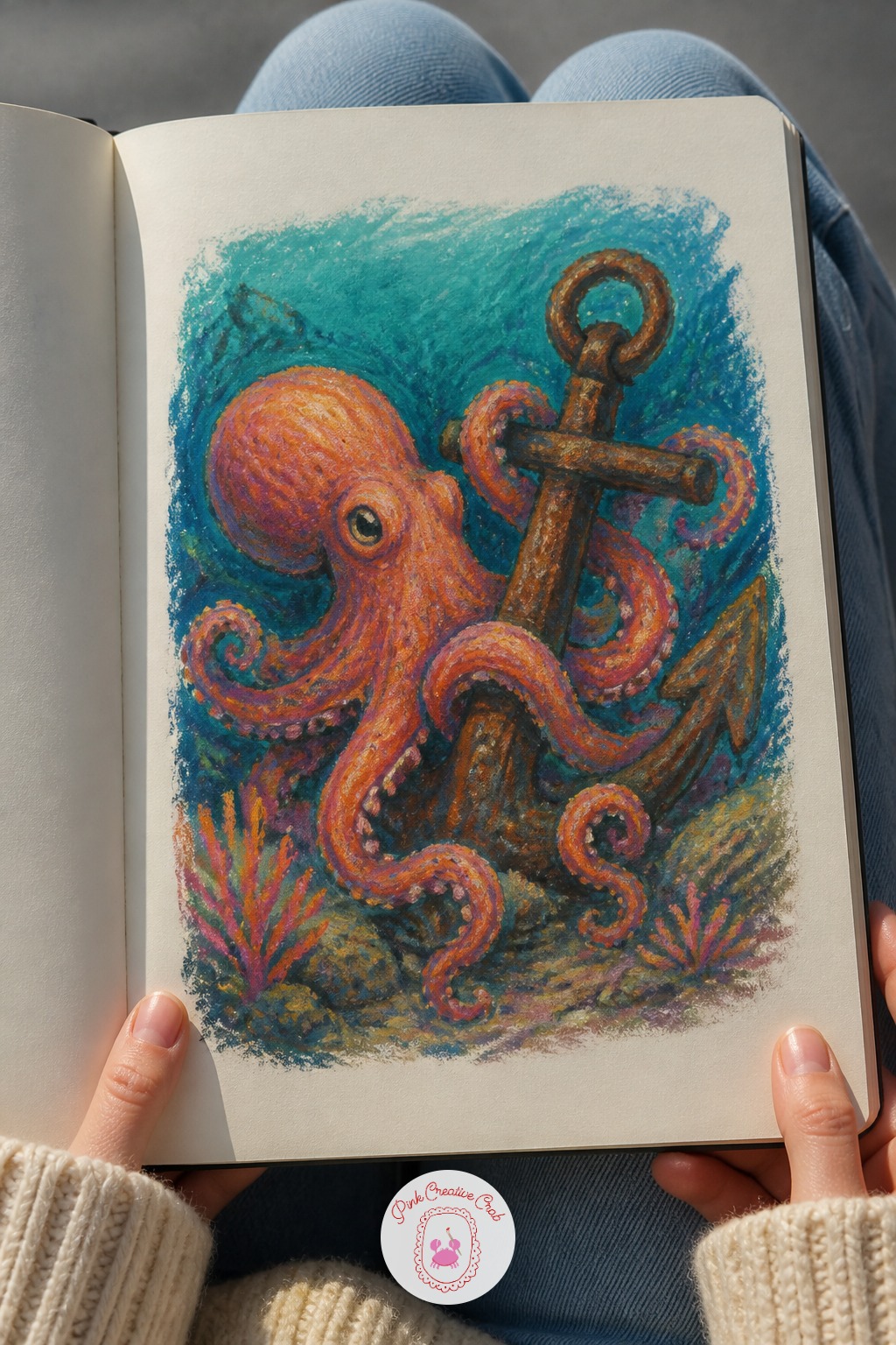 Octopus Curled Around A Shipwreck Anchor — Reach for a dry brush style trick here, in this case the dry edge of a pastel stick dragged lightly over the paper's