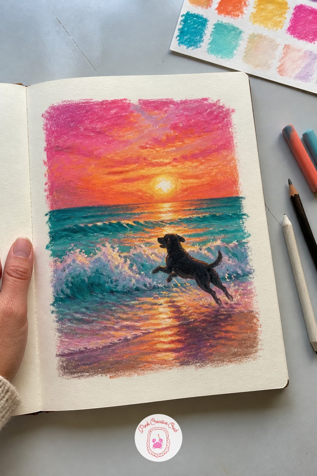 Dog Chasing Waves On A Sunset Beach — Try the quick ten-minute version first: a dog mid-leap chasing an incoming wave, body a simple dark silhouette, the wave
