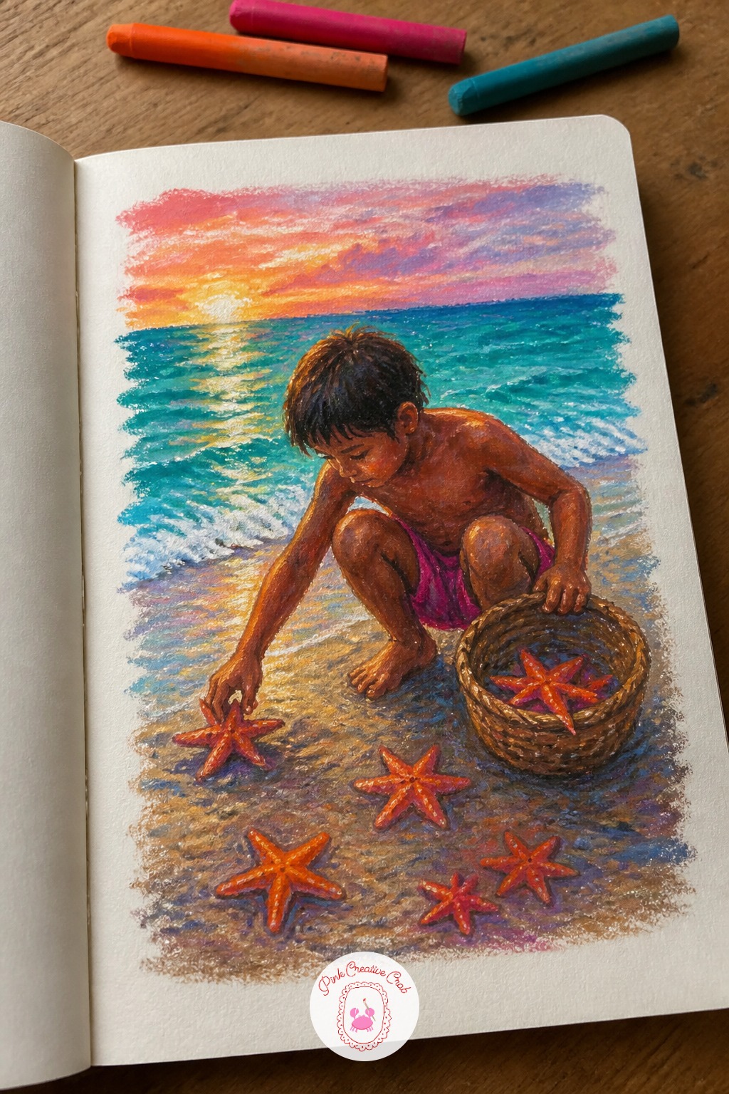 Fisherman's Child Collecting Starfish — Build on the earlier fisherman scene with a smaller, quieter one: a child crouched at the tideline gathering starfish