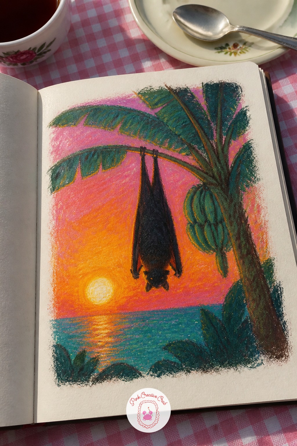 Fruit Bat Hanging From A Banana Tree — Light placement changes everything in this one. Oil pastel sketchbook