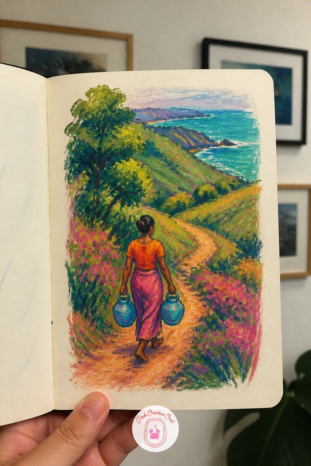 Woman Carrying Water Jugs Up A Hillside Path — Keep this composition honest with a proportion check: the woman's figure should stand roughly five times her own