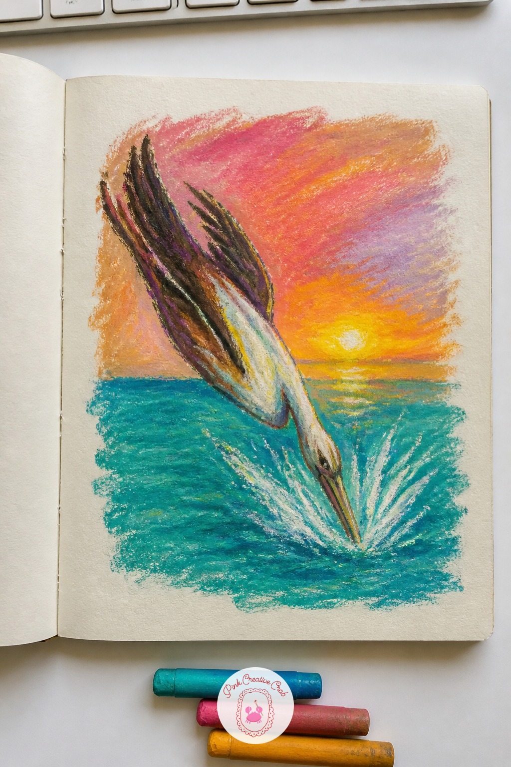 Pelican Diving For Fish — This one is pure action, so plan the first three marks carefully. Oil pastel sketchbook