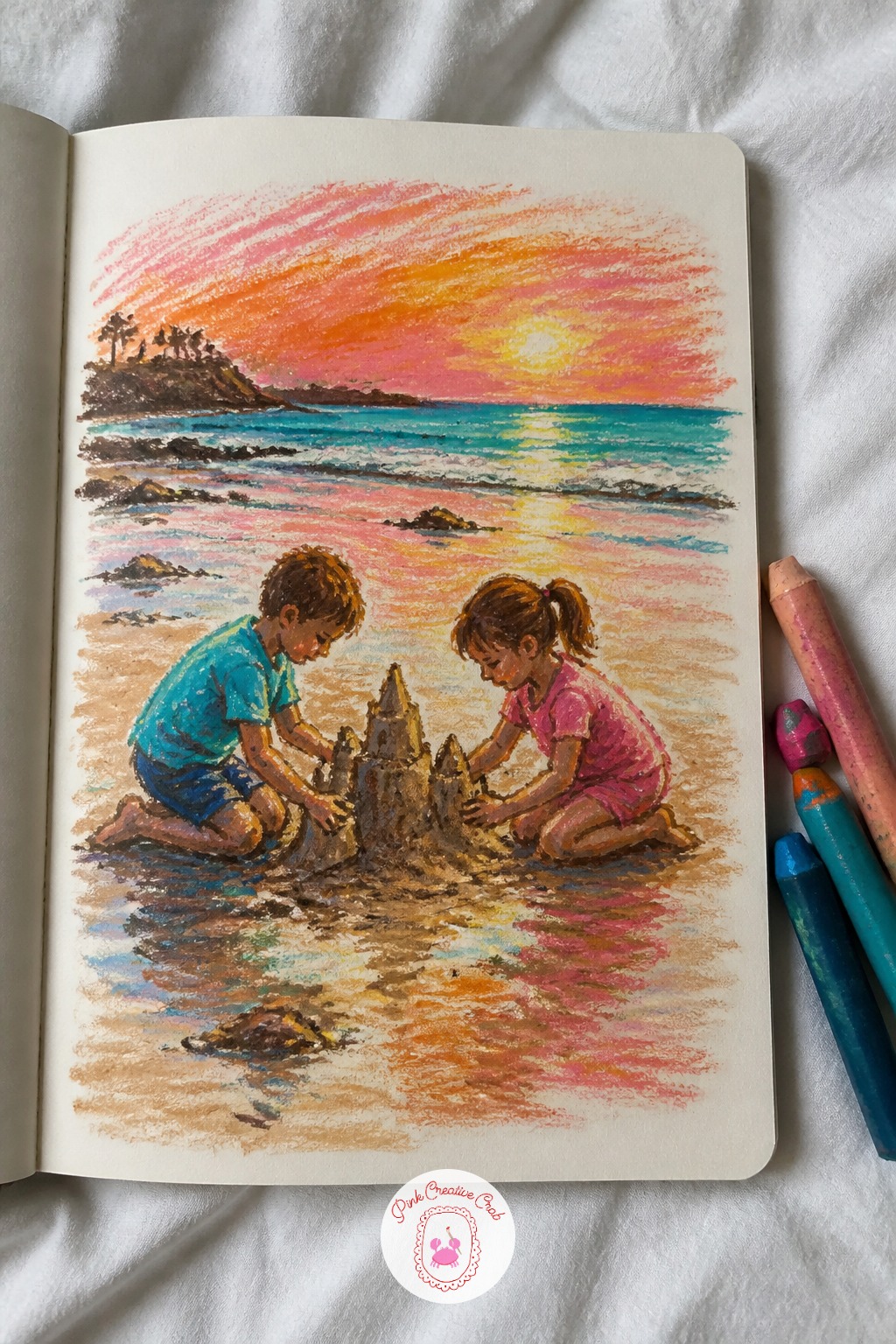 Children Building A Sandcastle At Low Tide — Scale keeps this one working: make the sandcastle smaller than it feels like it should be, since two small