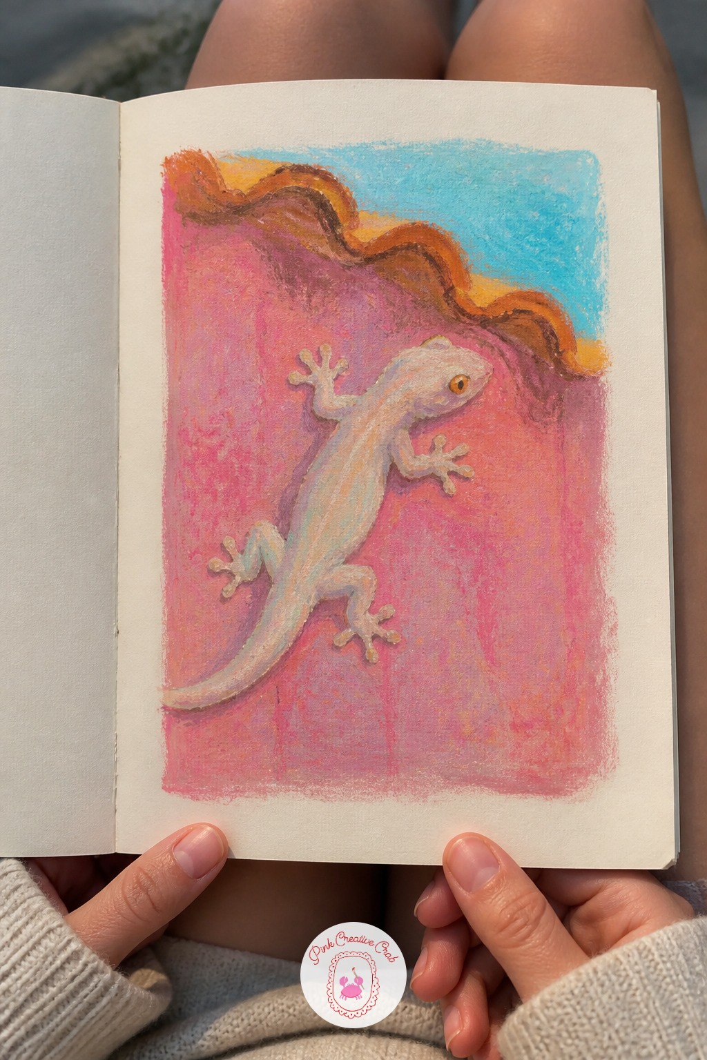Gecko Resting On A Painted Hut Wall — Edges matter most in this one. Oil pastel sketchbook
