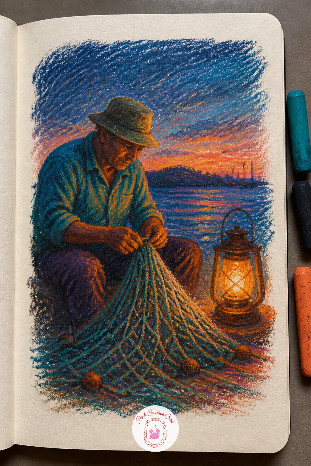 Fisherman Mending Nets By Lantern Light — This scene turns the usual bright island palette on its head, with evening light instead of midday sun, so get the