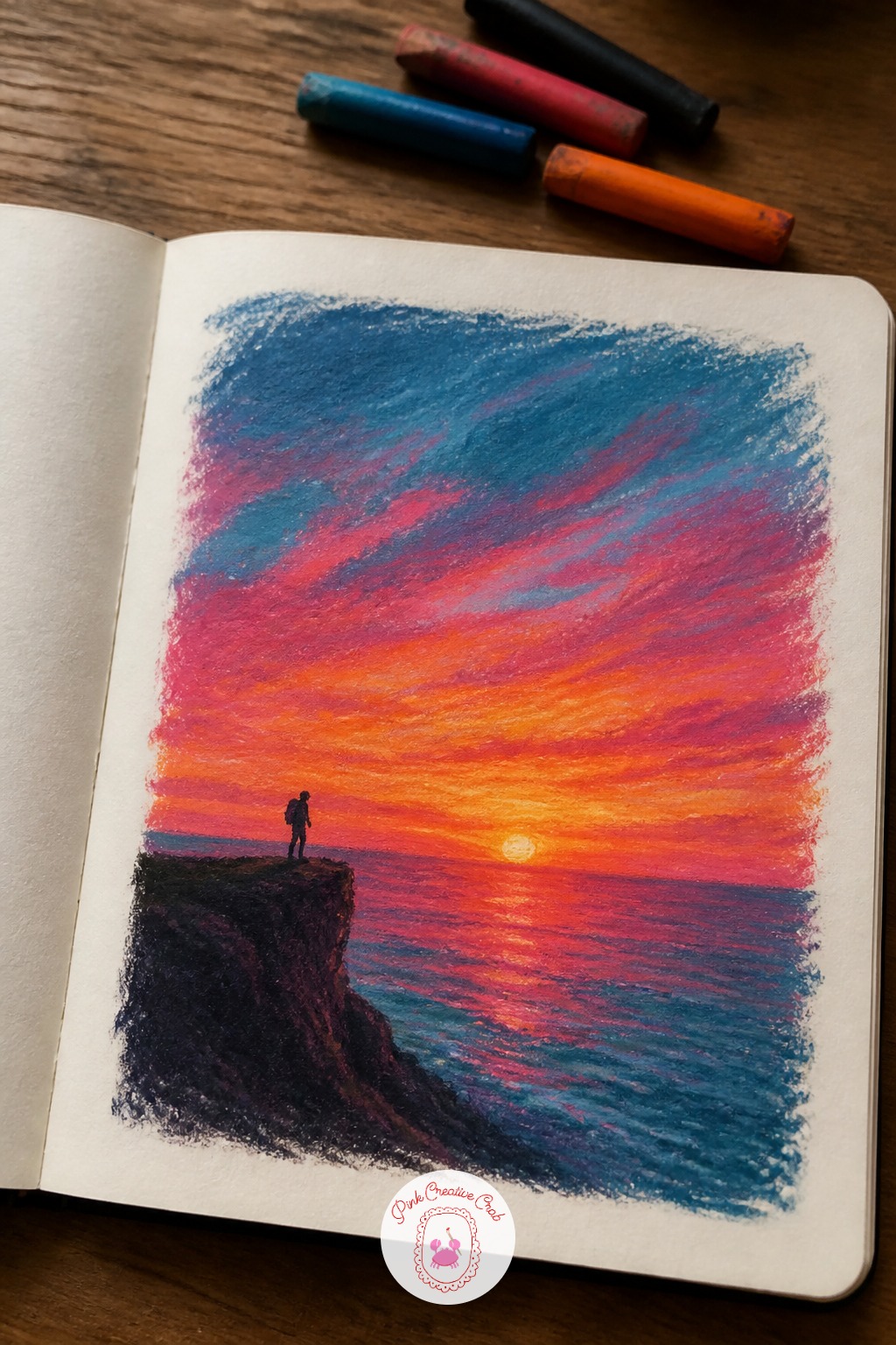 Hiker Watching Sunset From A Cliff Edge — Give this one real drama by committing to eye level: set your horizon low, near the bottom third of the page, so the