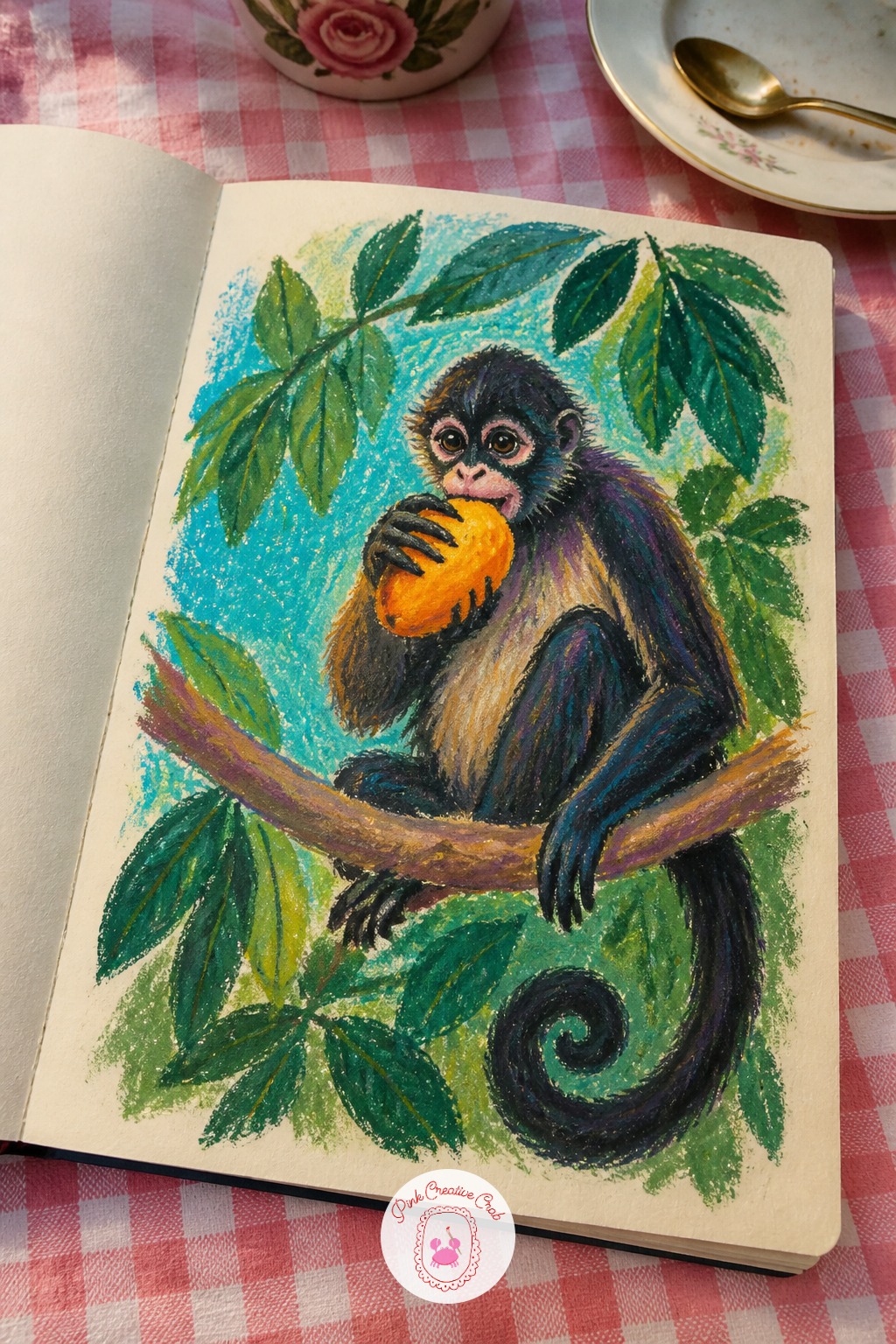 Spider Monkey Eating A Mango In A Tree — Build on the earlier swinging monkey with a quieter cousin scene. Oil pastel sketchbook