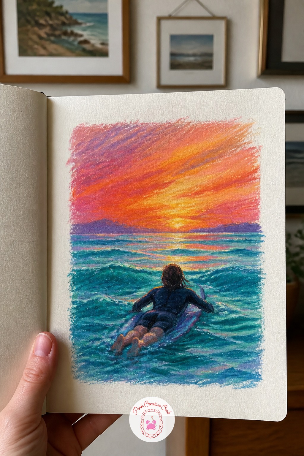 Surfer Paddling Out Past The Break — Keep this one about the usual beginner mistake: drawing the surfer sitting too high on the board, which flattens the whole
