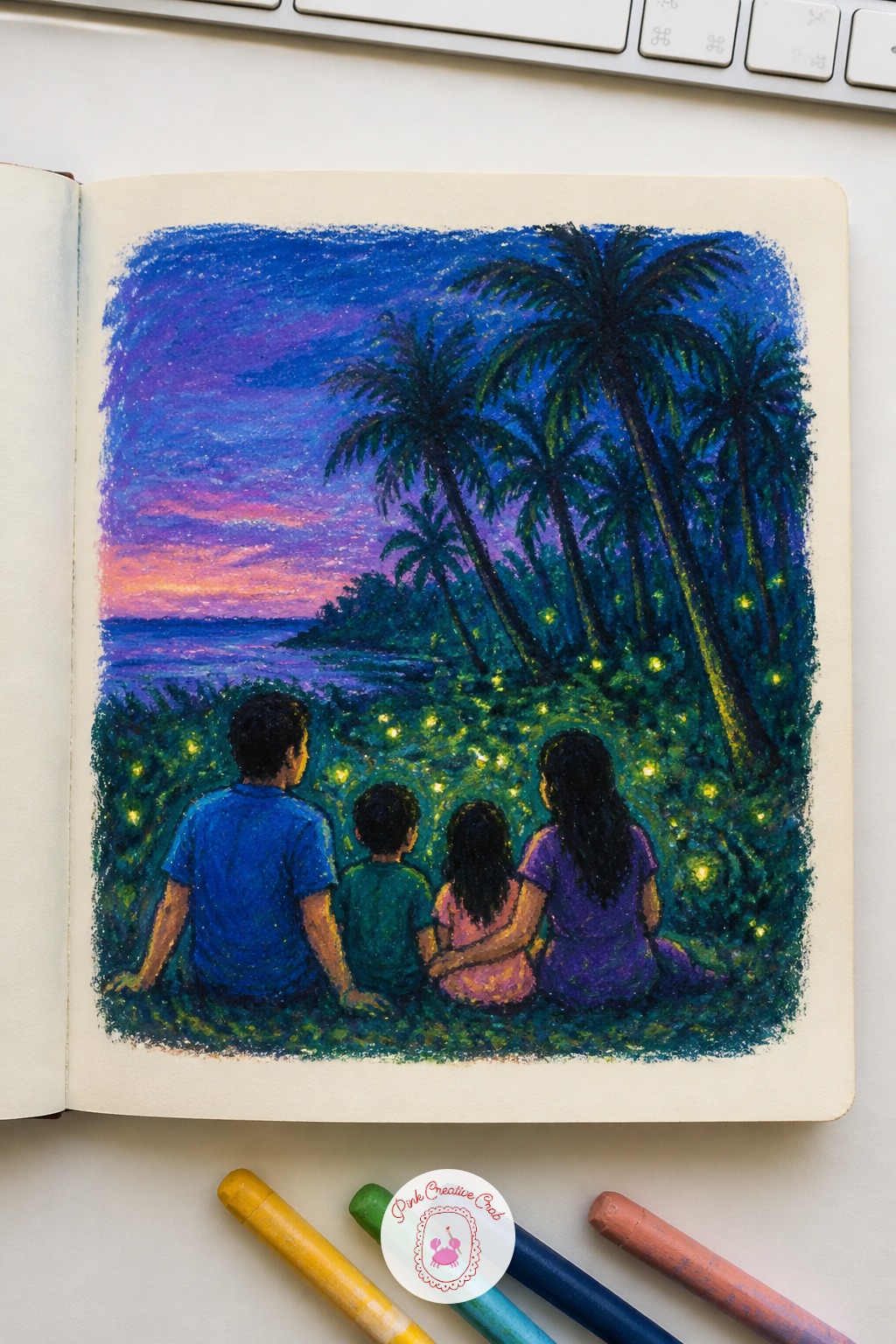 Family Watching Fireflies Near A Palm Grove — Close out your island sketchbook with a scene you can vary endlessly once it works: swap the fireflies for stars