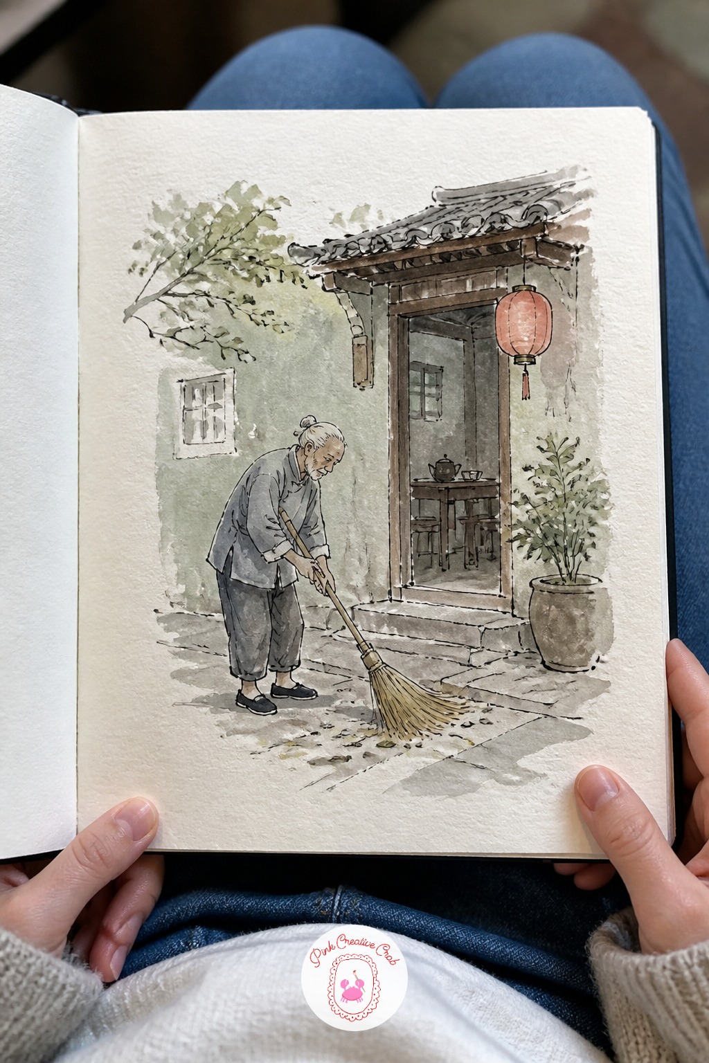 Old Man Sweeping Outside His Tea House — From a sleeping cat to a man already at work: this scene leans on proportion to feel right. Japan sketchbook