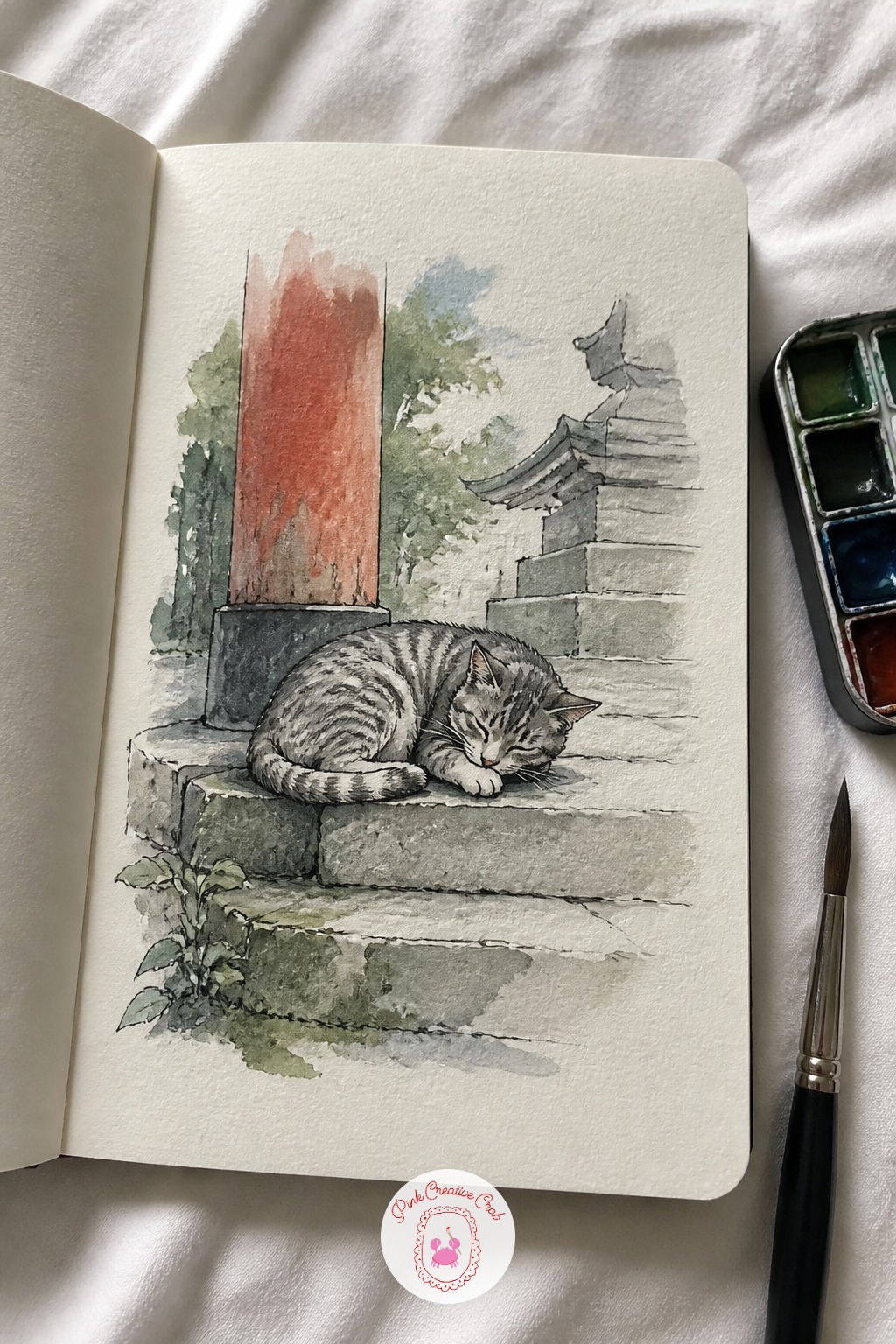 Cat Asleep on a Temple Step — Start here, because a sleeping cat forgives every wobble in your line. Japan sketchbook