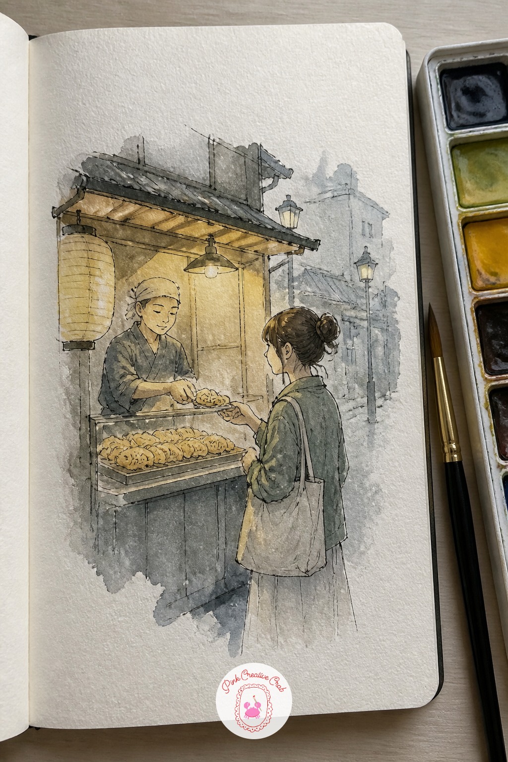 Girl Buying Taiyaki at a Street Stall — Here the light matters more than the figure. Japan sketchbook