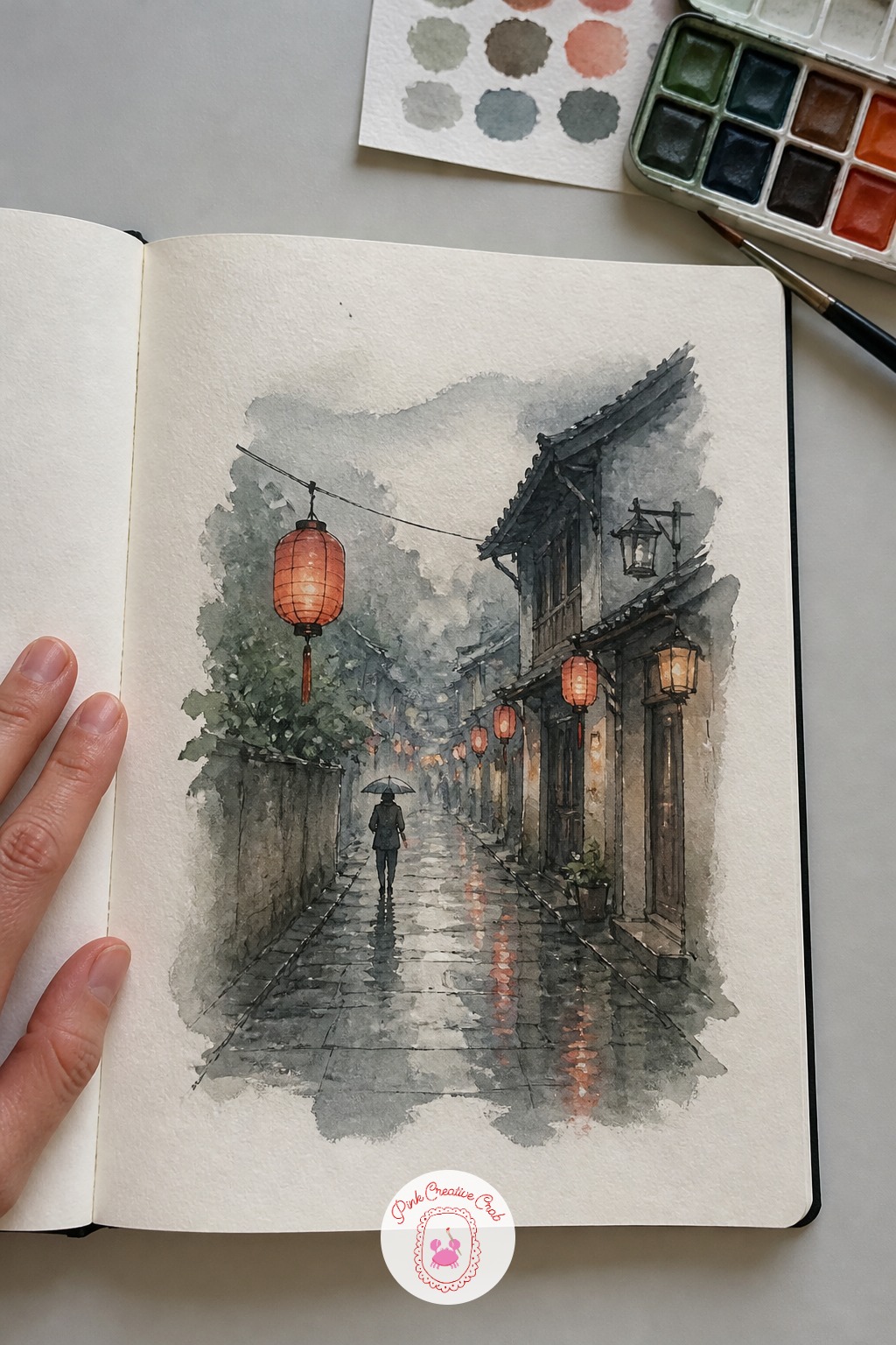Rainy Lane Lit by Lanterns — Wet streets are all about edges, so this is the idea to practice softening them. Japan sketchbook