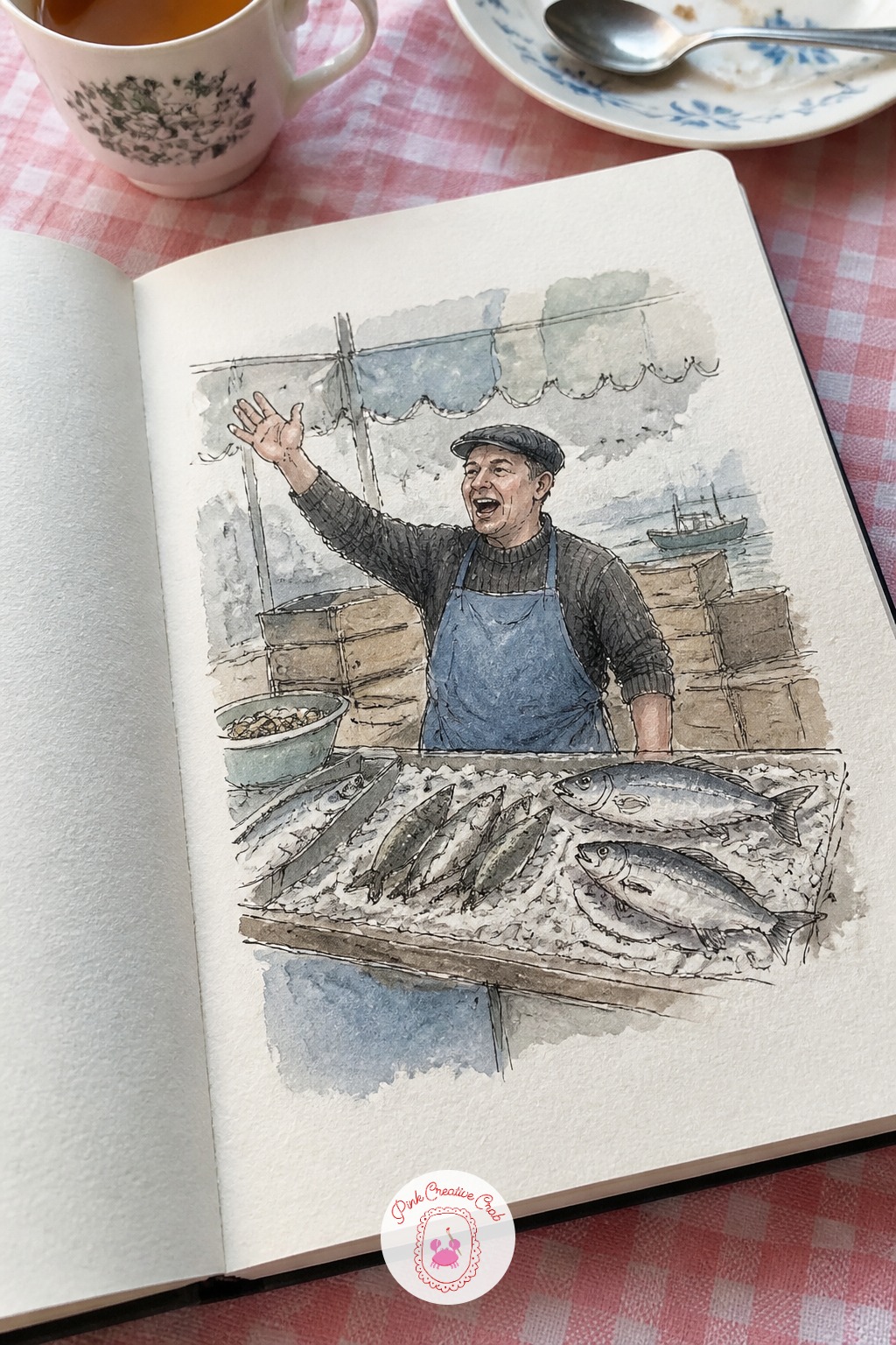Fishmonger Calling Out at the Morning Market — Carrying on from that moving train, here is a scene full of stillness instead: a fishmonger mid-call at his