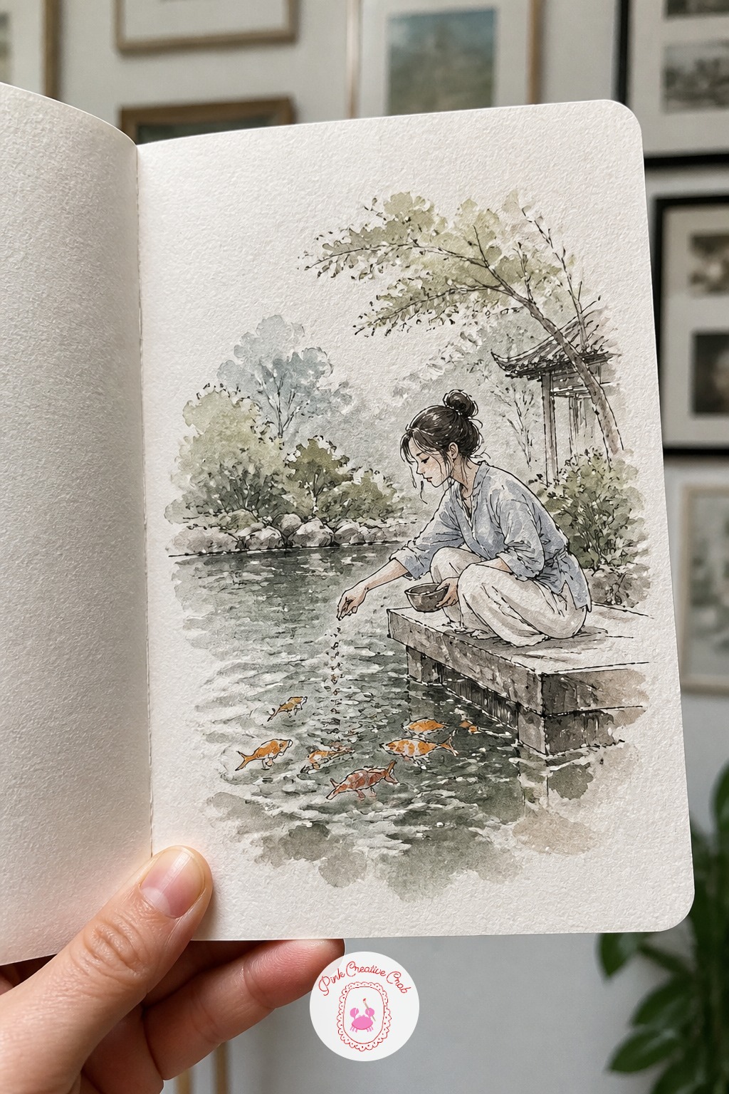 Woman Feeding Koi at a Garden Pond — Once you have painted stillness, try a scene built on reflection instead. Japan sketchbook