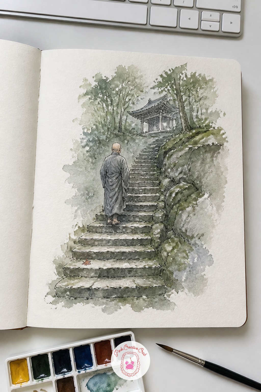 Monk Climbing a Mossy Stone Staircase — From flat water to a steep climb: here proportion saves the whole composition. Japan sketchbook