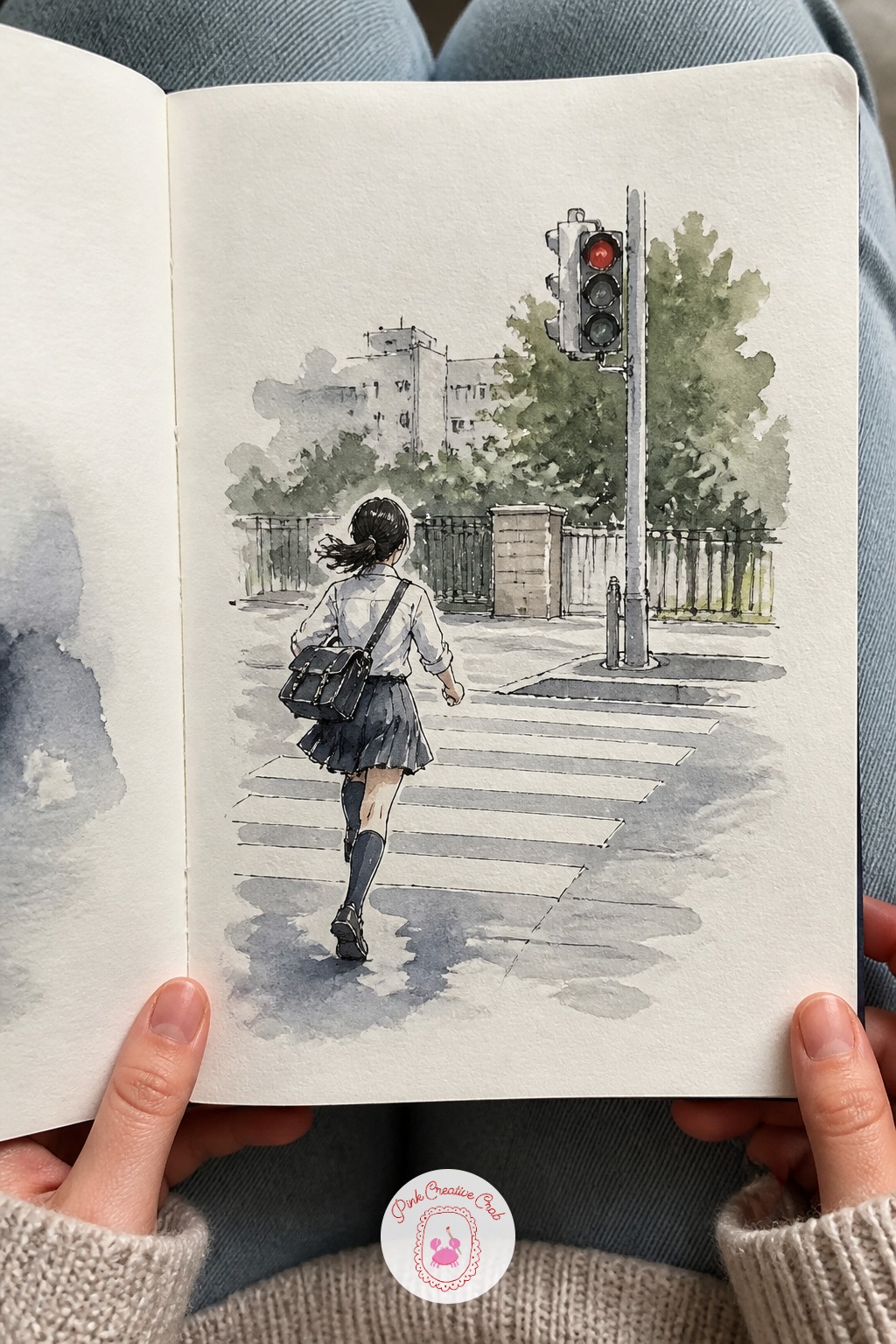 Schoolgirl Running for the Crossing Signal — After a quiet noodle shop, bring in some motion. Japan sketchbook