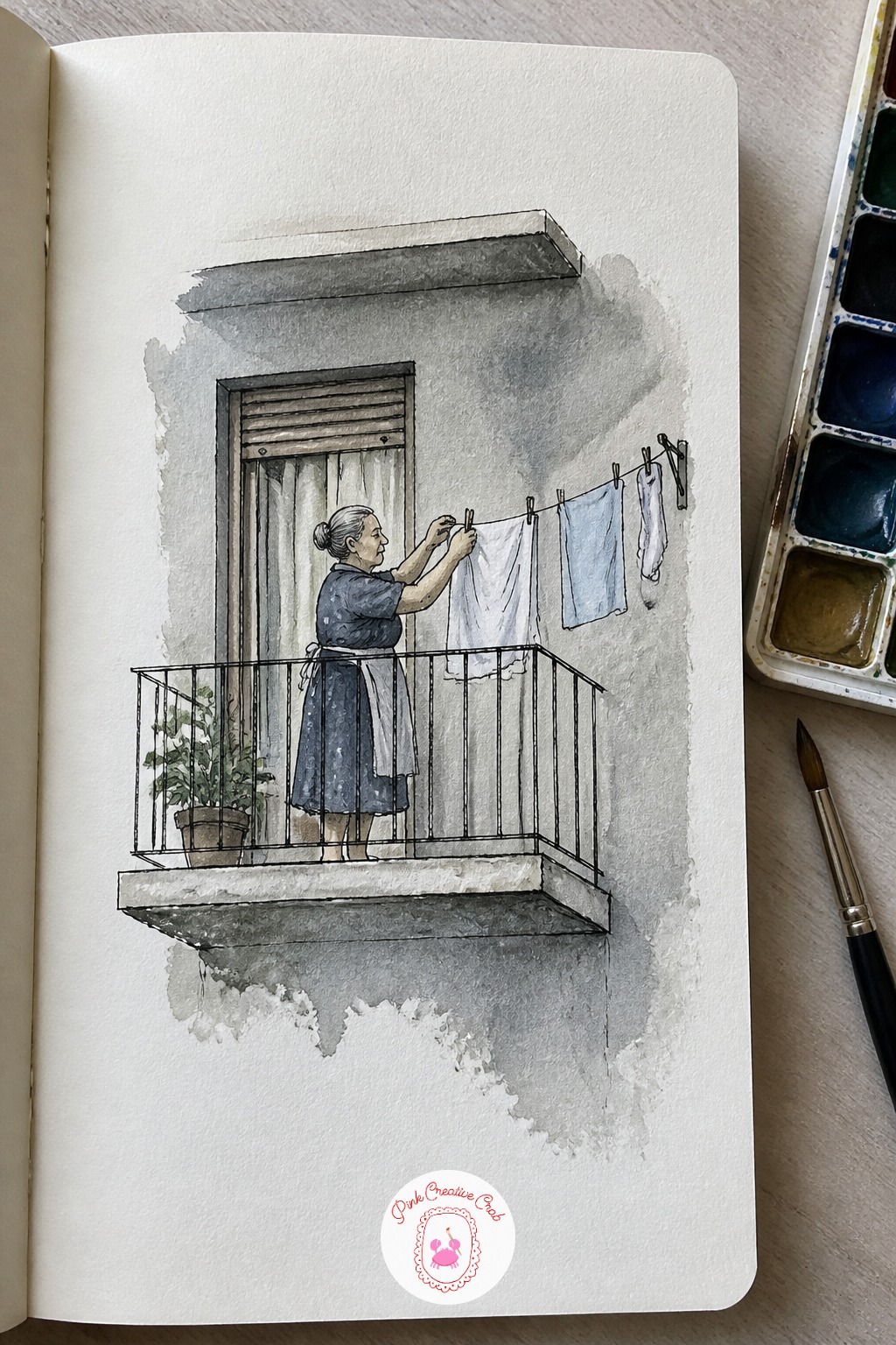 Grandmother Hanging Laundry on a Balcony — Here is a gentler moment to balance that running figure. Japan sketchbook