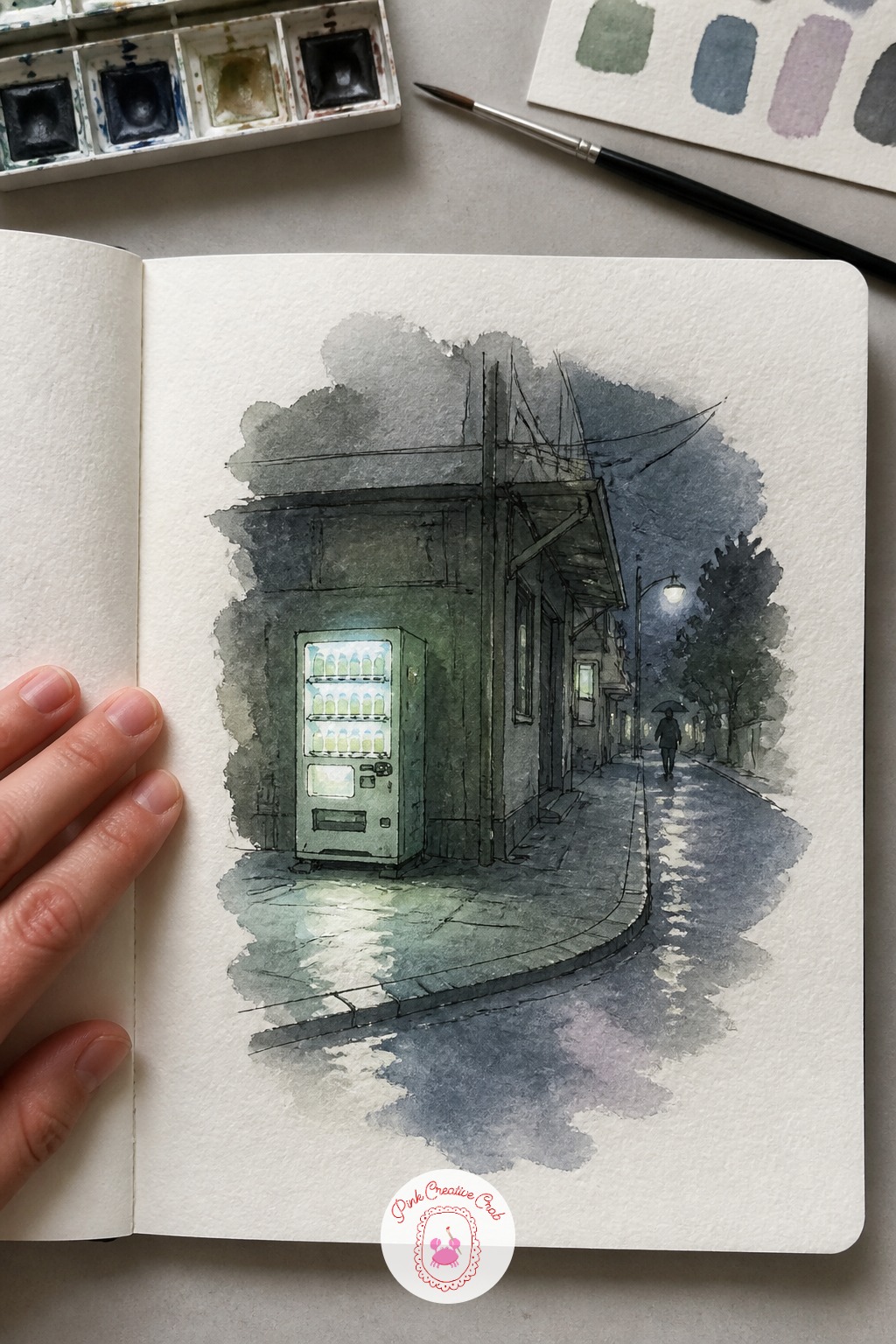Vending Machine Glowing on an Empty Corner — This idea works beautifully alongside the quiet travel sketches you will find in these travel sketchbook ideas