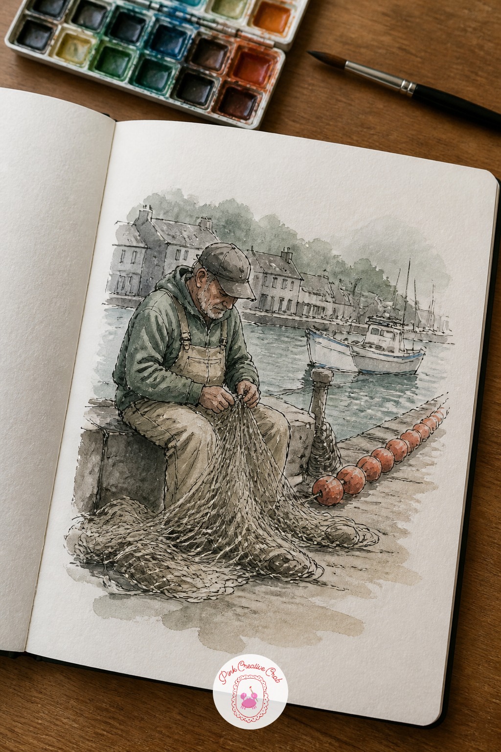 Fisherman Mending Nets by the Harbor — Edges and texture take over for this one. Japan sketchbook