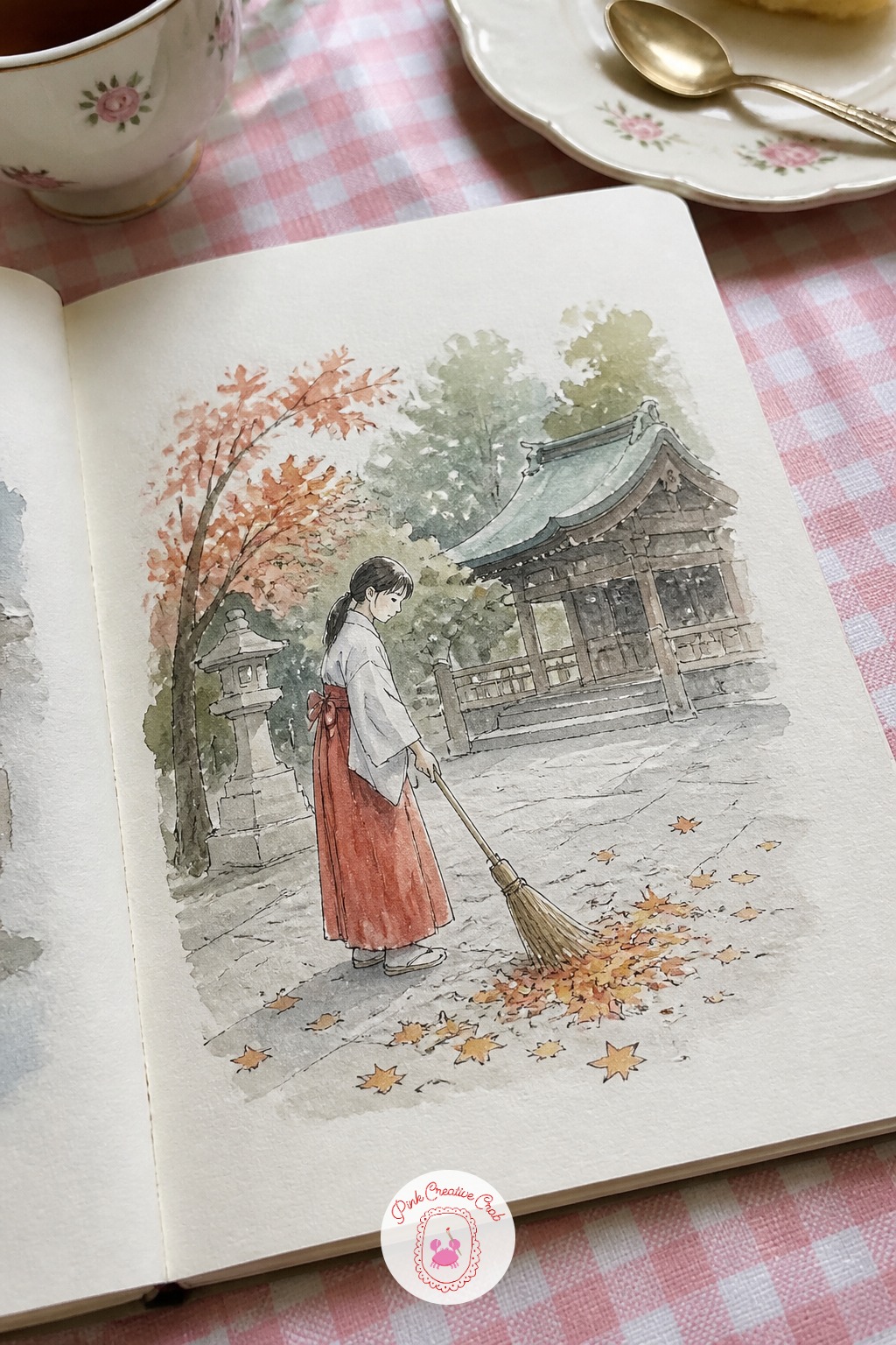 Shrine Maiden Sweeping Fallen Leaves — Following that textured harbor, here is a scene about clean, calm shapes instead. Japan sketchbook