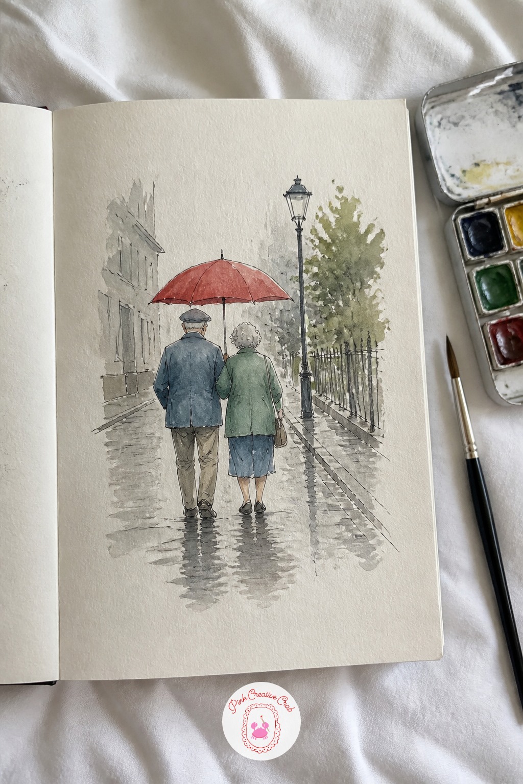 Elderly Couple Sharing an Umbrella — Here proportion between two figures matters more than either one alone. Japan sketchbook