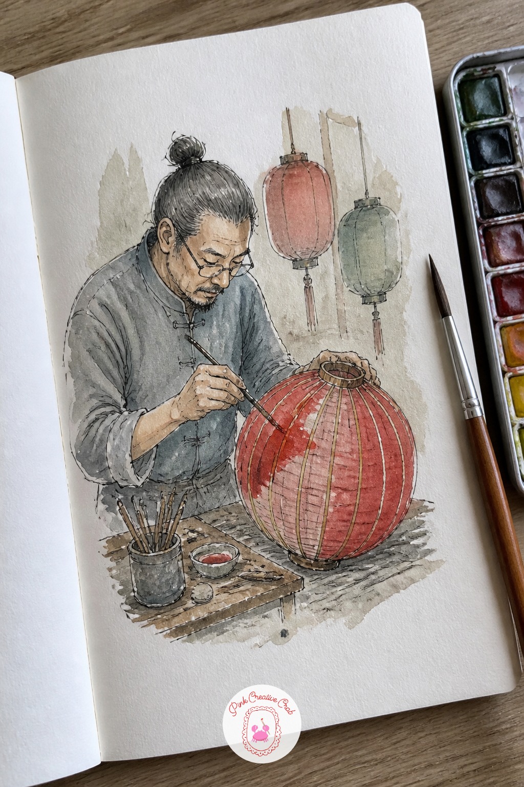 Lantern Maker Painting a New Lantern — Switch your tool choice for this one: a very fine liner pen is what makes a half-painted lantern believable, since the