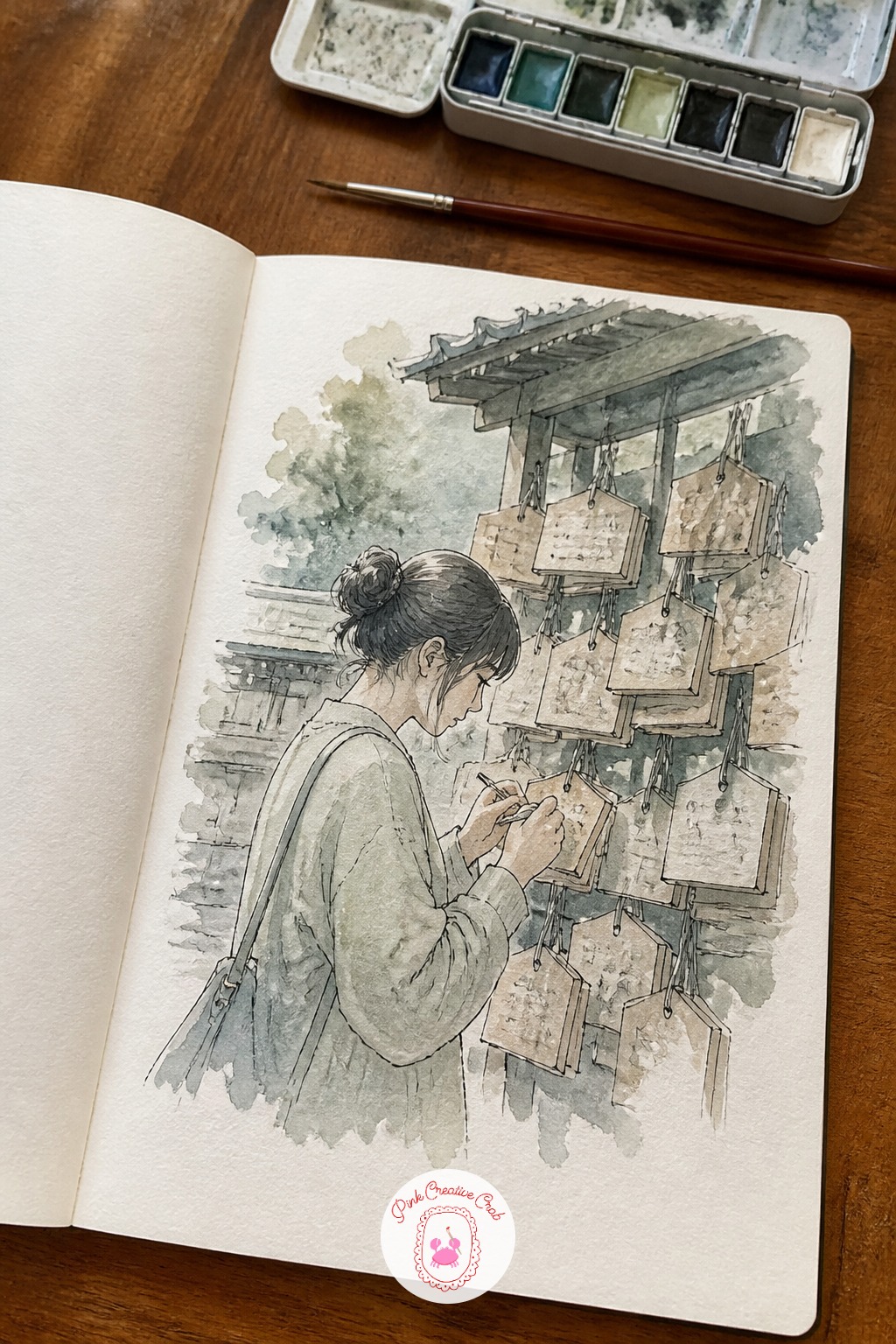 Woman Writing a Wish on a Wooden Plaque — Small wooden ema plaques hanging at a shrine give you a lovely chance to practice overlapping shapes. Japan sketchbook