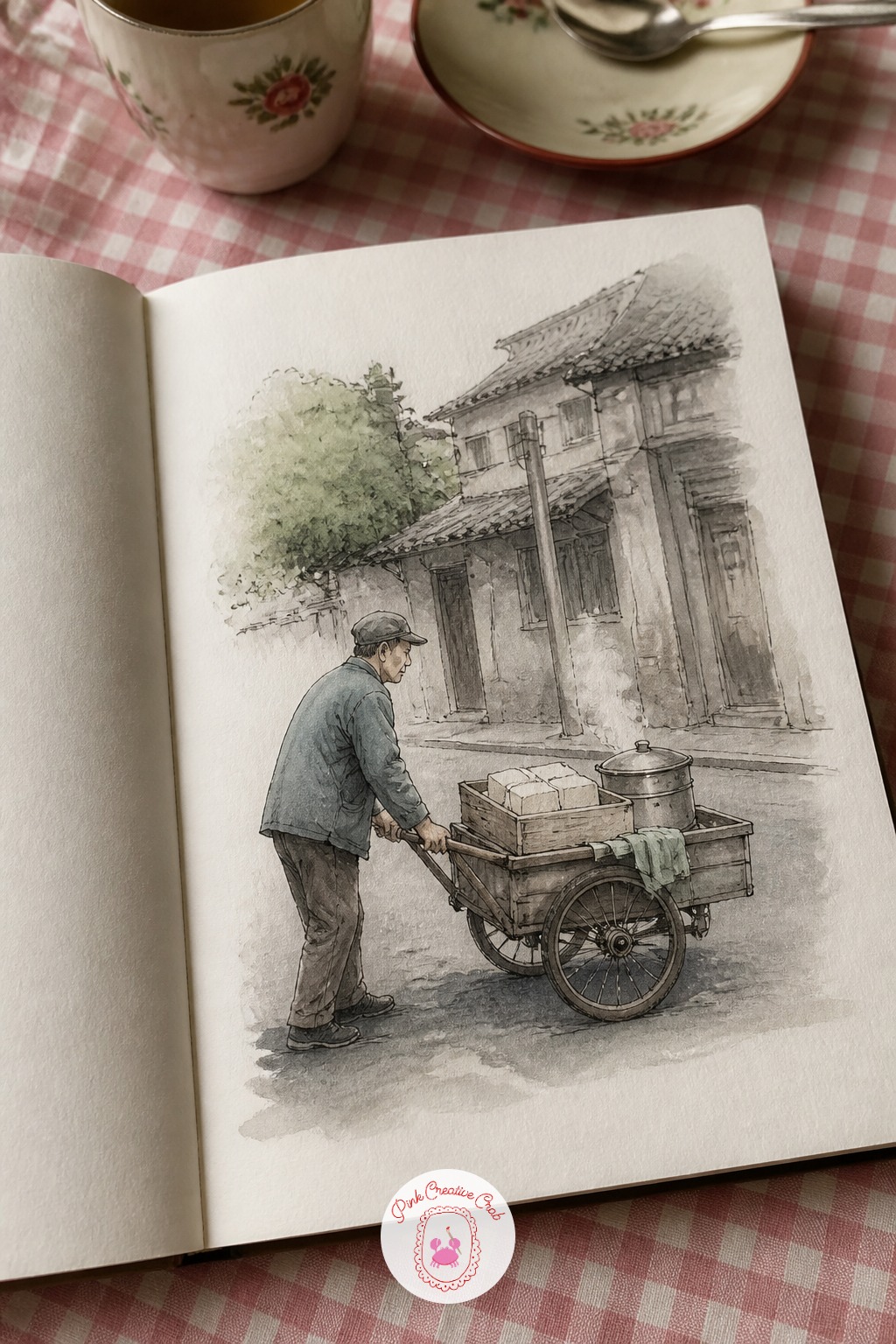 Tofu Seller Pushing His Morning Cart — The usual mistake with a loaded cart is making the wheels too small, which leaves the whole thing looking like it could