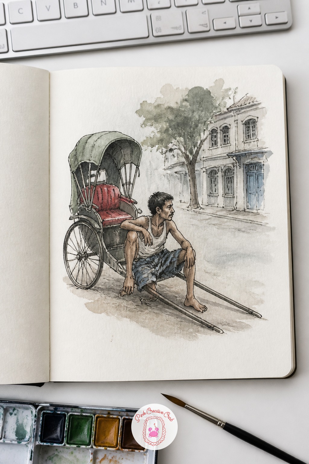 Rickshaw Puller Resting Between Rides — Here is a good one to vary once you have painted it successfully: try it first with the puller seated and resting