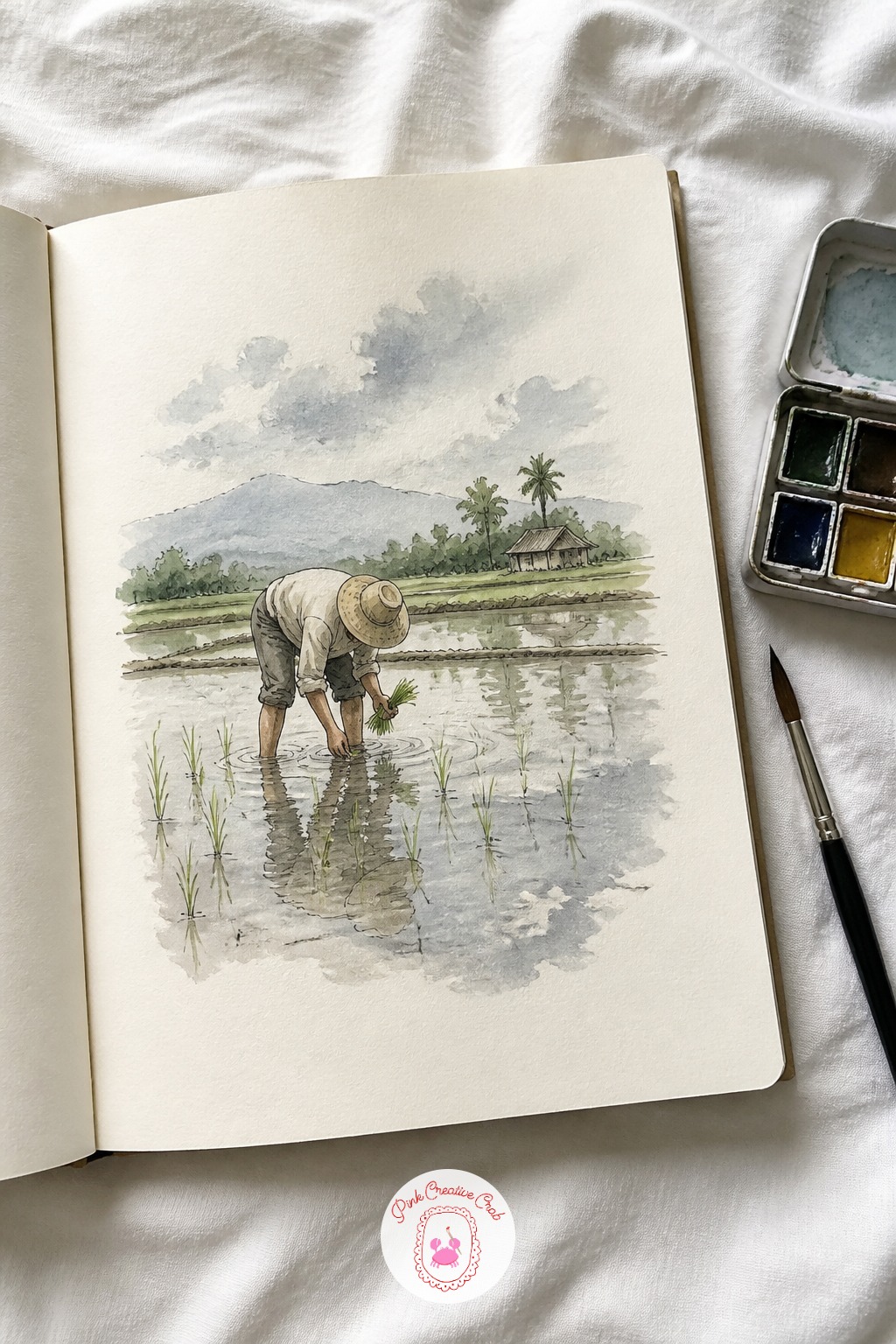 Farmer Planting Rice in a Flooded Paddy — Reflections in flooded rice paddies are worth their own careful look. Japan sketchbook