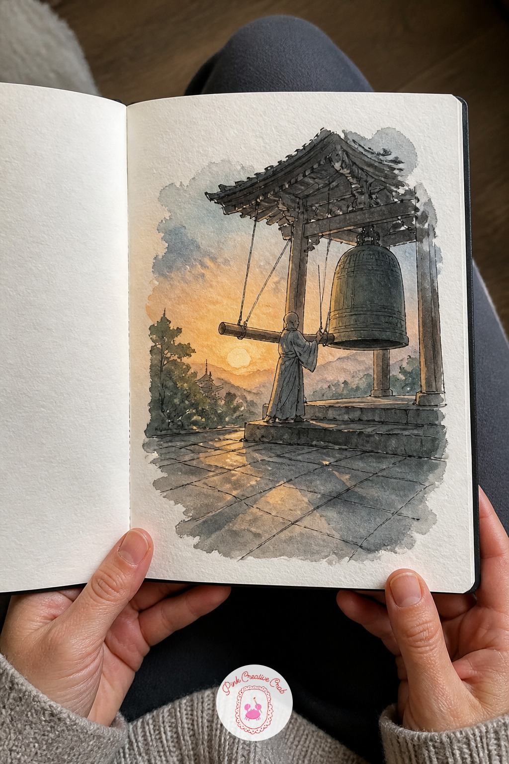 Priest Ringing the Temple Bell at Dusk — Light direction changes everything about this scene. Japan sketchbook
