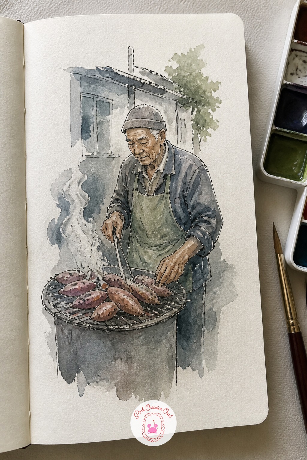 Street Vendor Grilling Sweet Potatoes — This scene rewards patience with your fine liner more than your brush. Japan sketchbook