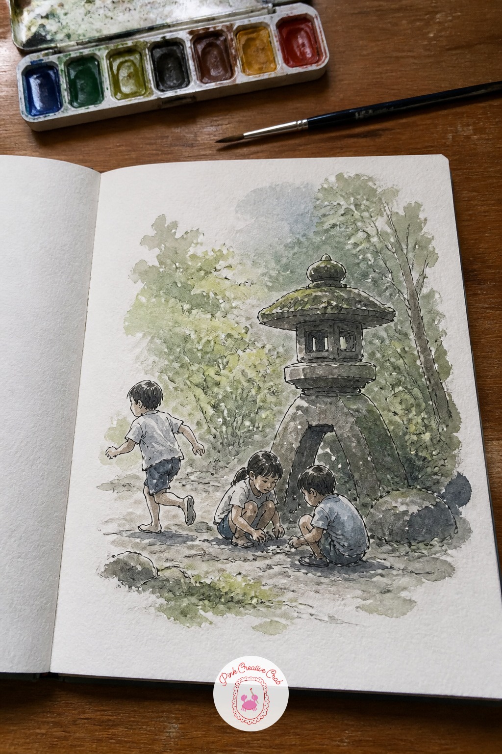 Children Playing Near a Stone Lantern — For a scene with more than one figure, the first three marks decide everything. Japan sketchbook