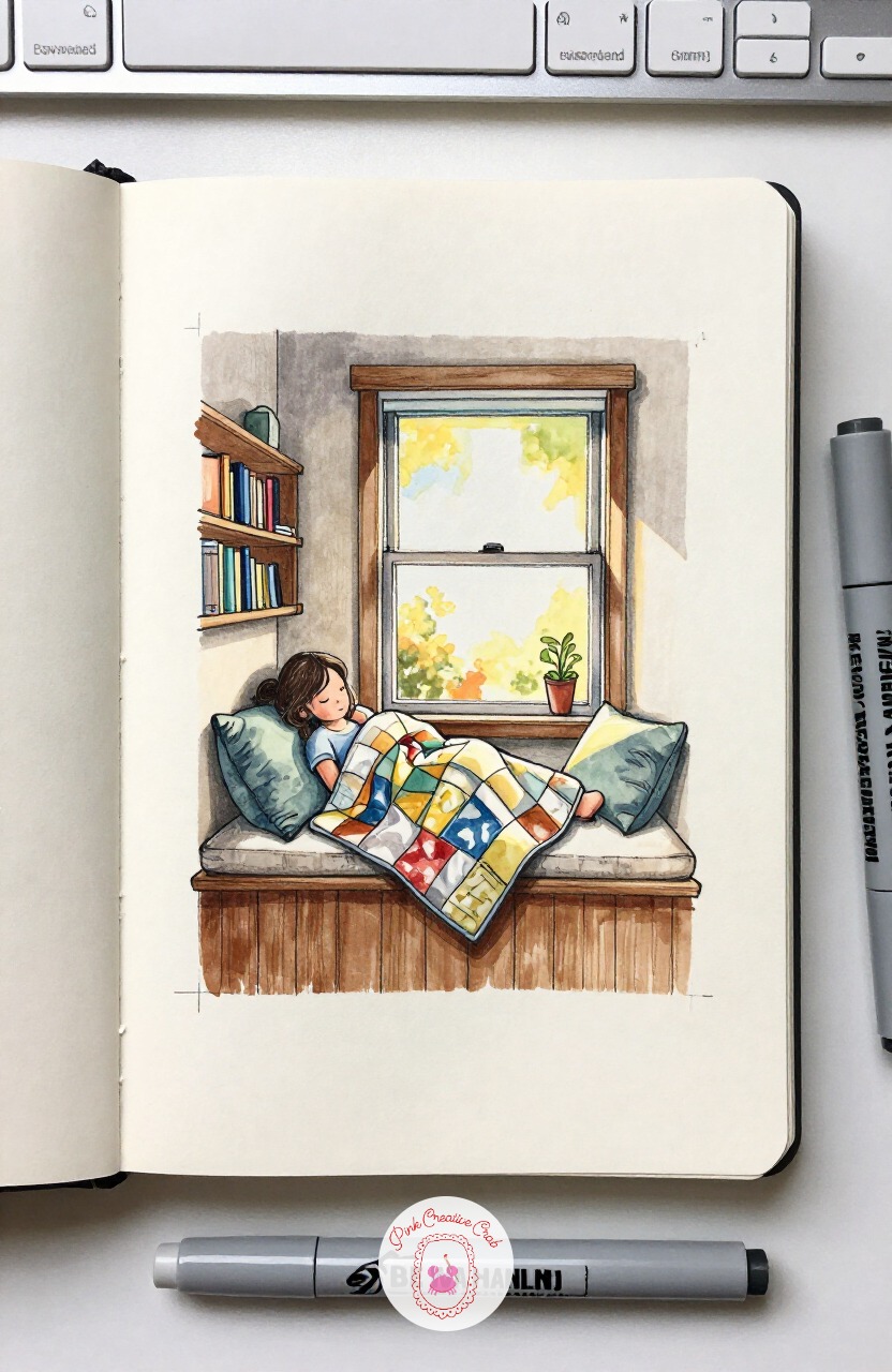 Window Seat Reading Nook — Start your interior design sketchbook with the easiest room in the book: a single window seat tucked into a corner
