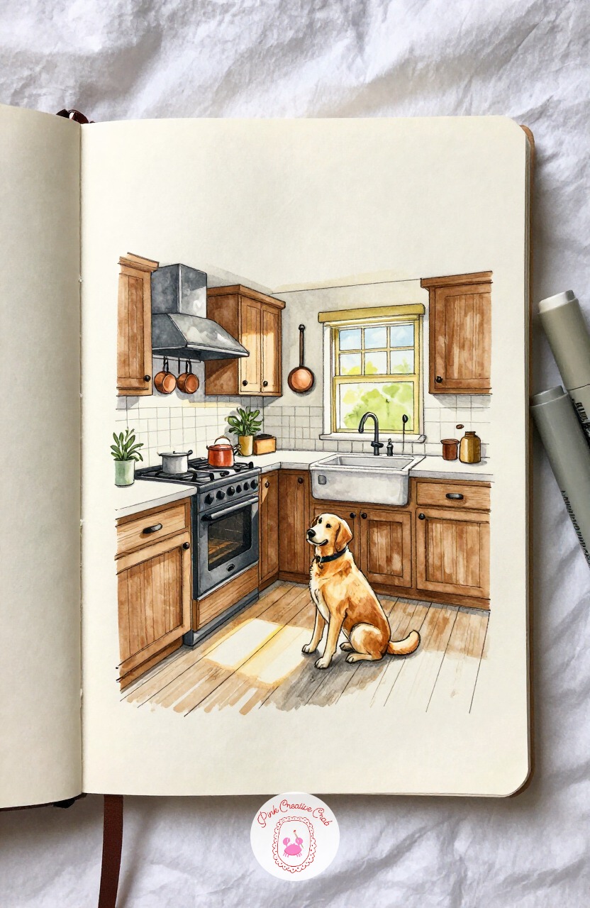 Farmhouse Kitchen With a Waiting Dog — Move from the quiet nook into a busier farmhouse kitchen, still simple enough for one sitting. Interior design sketchbook