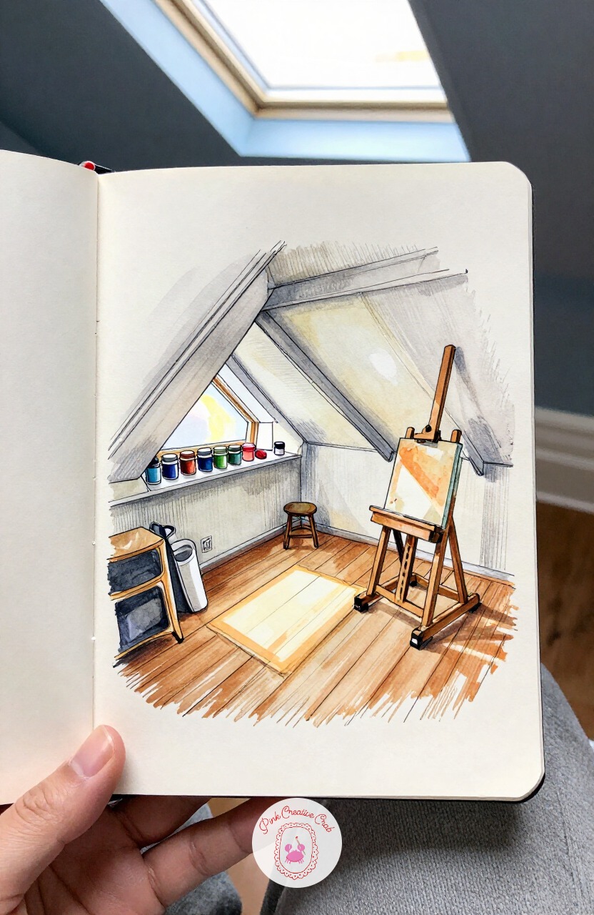 Attic Studio Under a Skylight — Let the kitchen lead you upstairs to an attic studio, where the sloped ceiling makes perspective matter more. Interior design