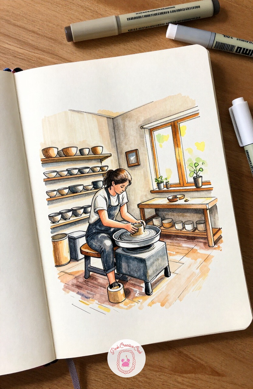 Potter's Workshop by the Wheel — Keep the warm lamp glow going but move from books to clay in a small potter's workshop. Interior design sketchbook