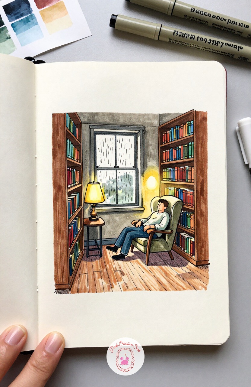 Rainy Day Library Corner — Carry the plant-filled light of the sunroom into a dimmer, cozier library corner, where a single lamp replaces the window as the