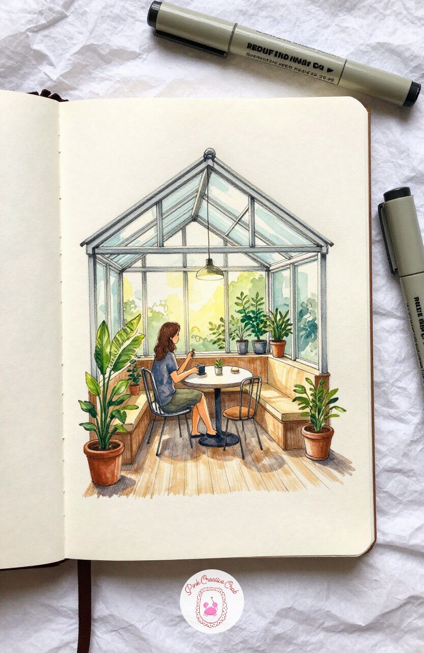 Rooftop Greenhouse Breakfast — Climb up from the parlor to a glass rooftop greenhouse set up for breakfast among the plants. Interior design sketchbook