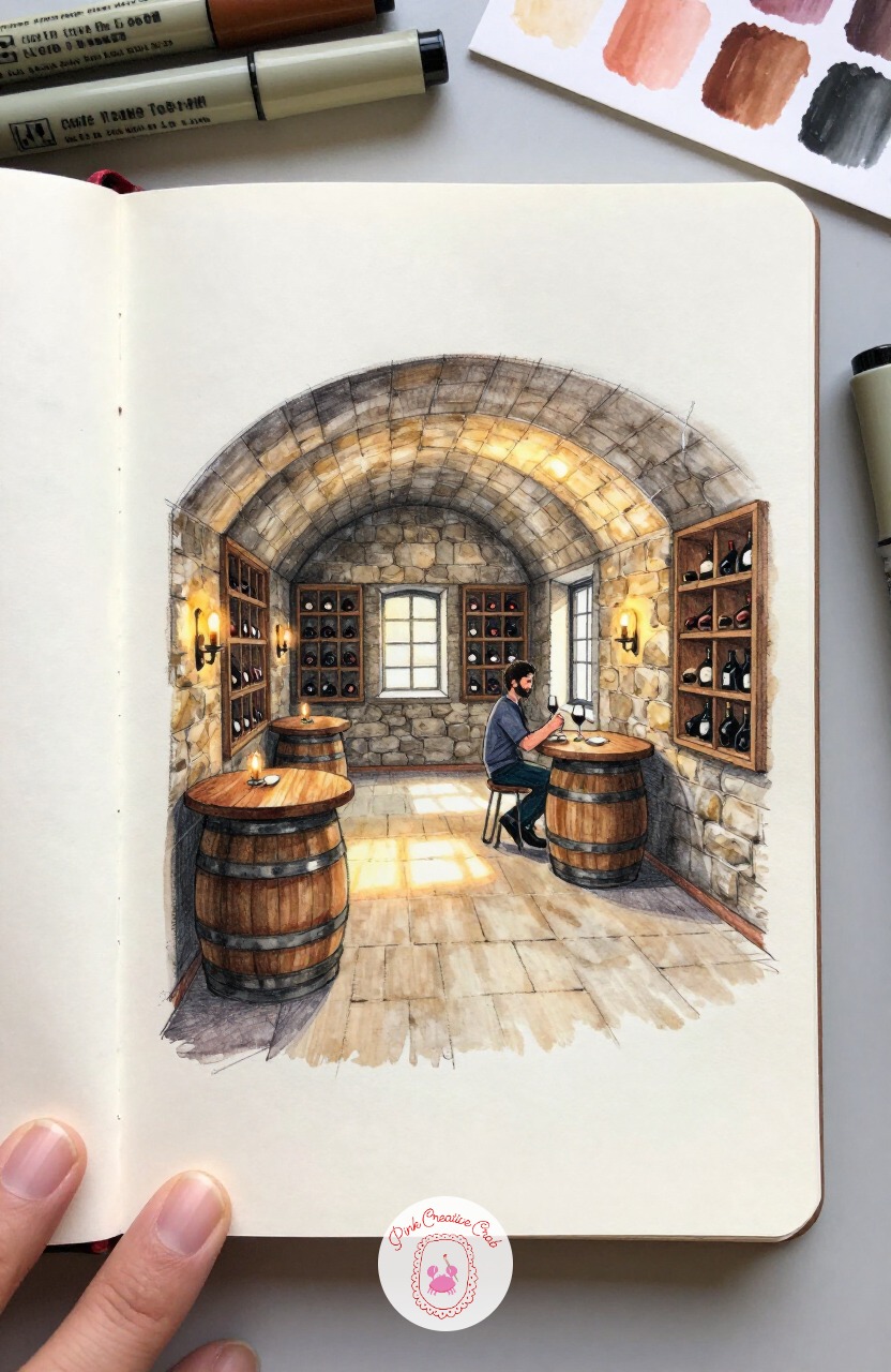 Cellar Wine Tasting Room — Head underground next, into a stone cellar room stacked with wine racks. Interior design sketchbook