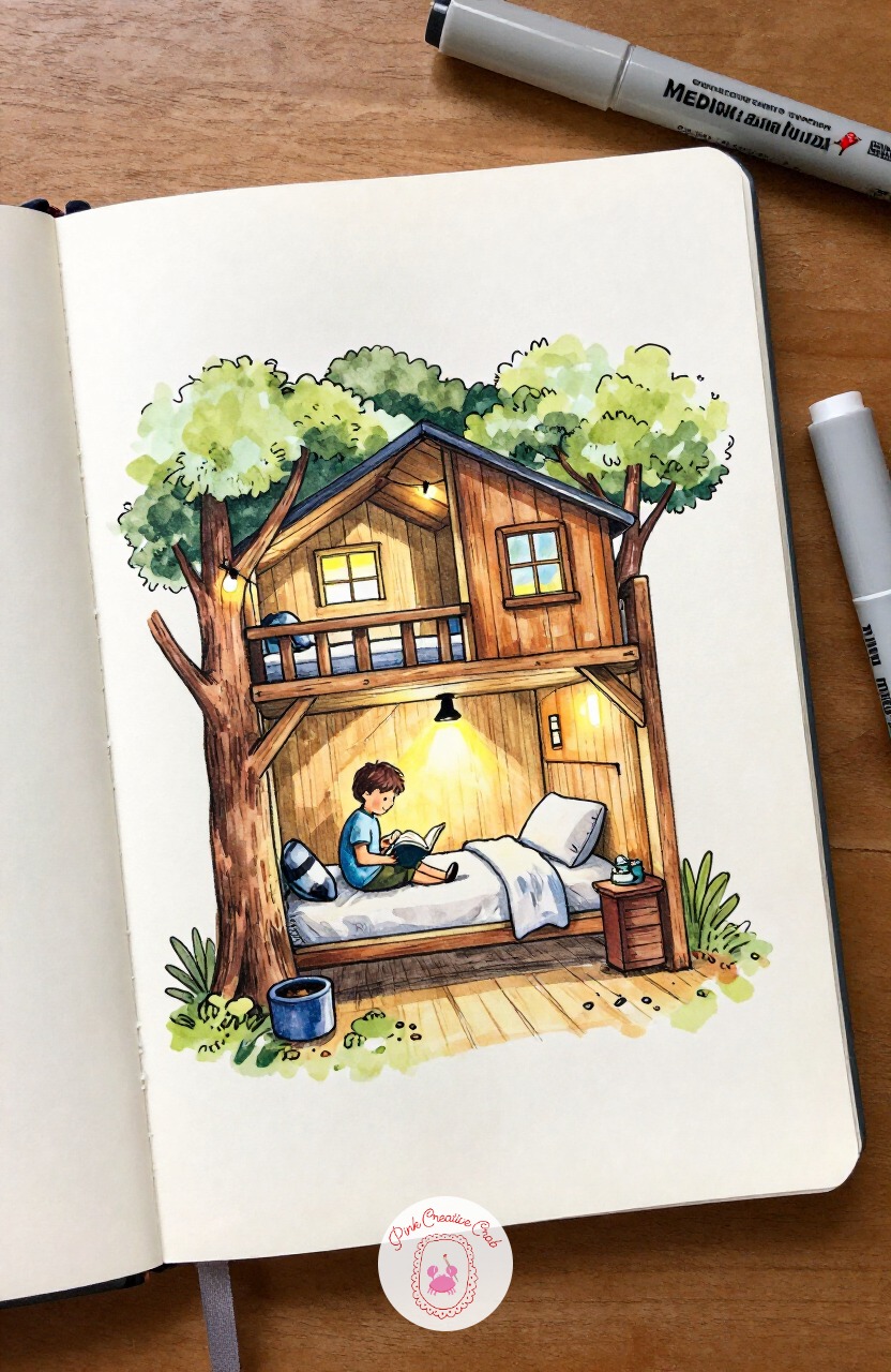 Children's Treehouse Bedroom — Climb back up into daylight for a treehouse bedroom built into real branches poking through the walls. Interior design sketchbook