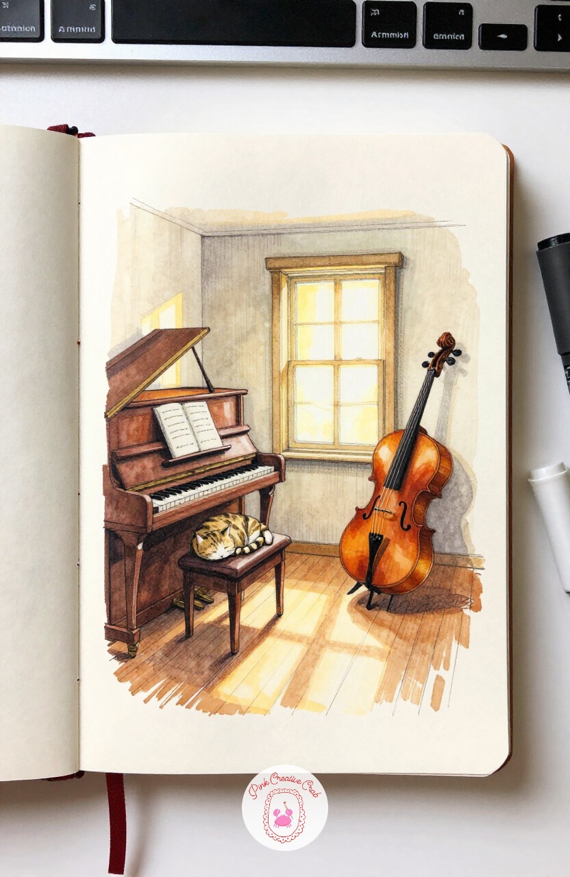 Music Room With a Napping Cat — Settle into something quieter after the lighthouse curve: a music room with a piano, a cello in its stand, and a cat asleep on