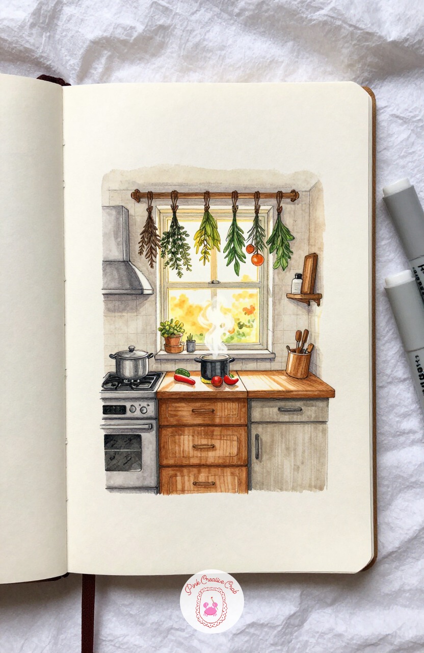 Chef's Herb-Lined Kitchen Window — Return to the kitchen theme with a different mood: a narrow galley kitchen where a chef chops vegetables beneath a window