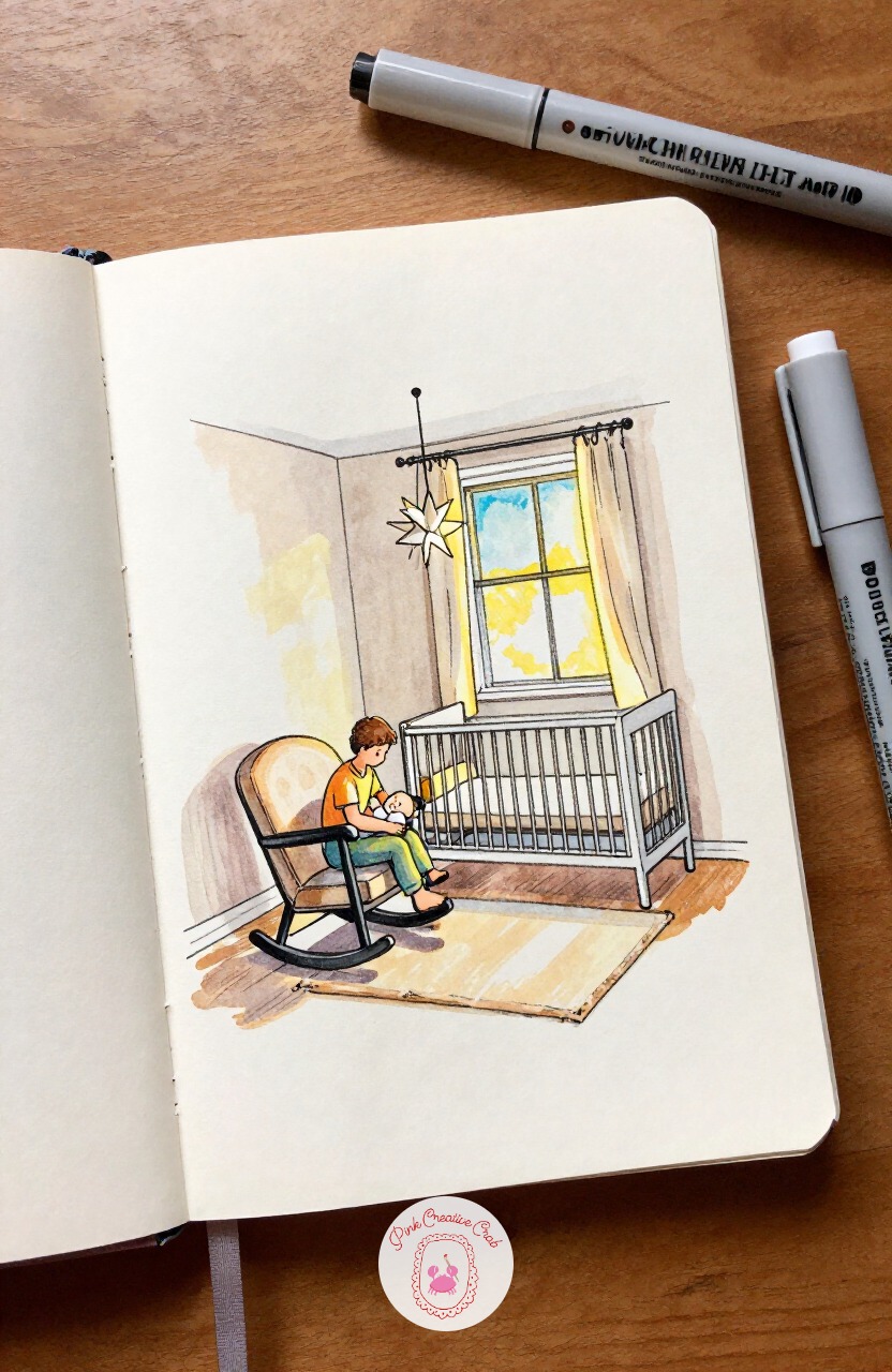 Nursery With a Rocking Chair — Soften the pace again with a nursery scene: a parent rocking a baby near a window at dusk. Interior design sketchbook