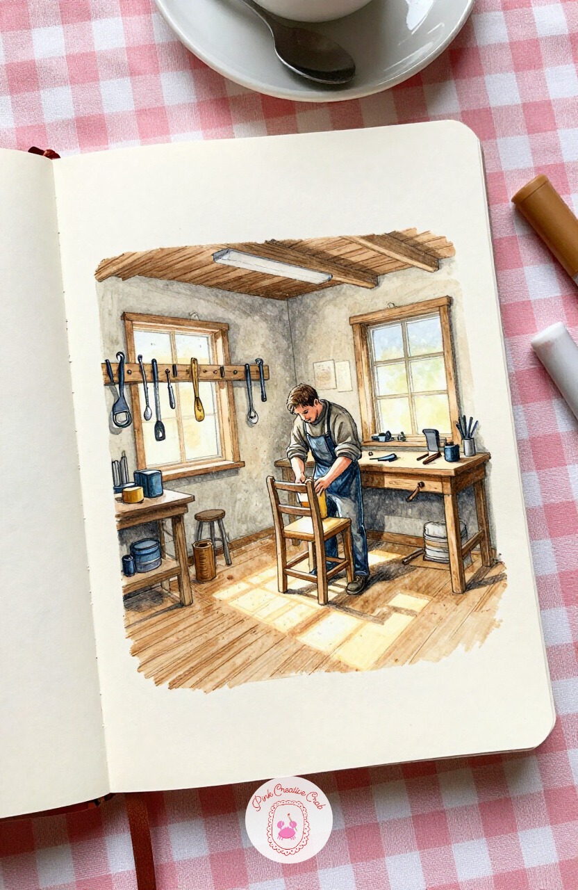 Carpenter's Sawdust Workshop — From the nursery's hush, head out to a working carpenter's shop, sawdust drifting in a shaft of afternoon light. Interior design